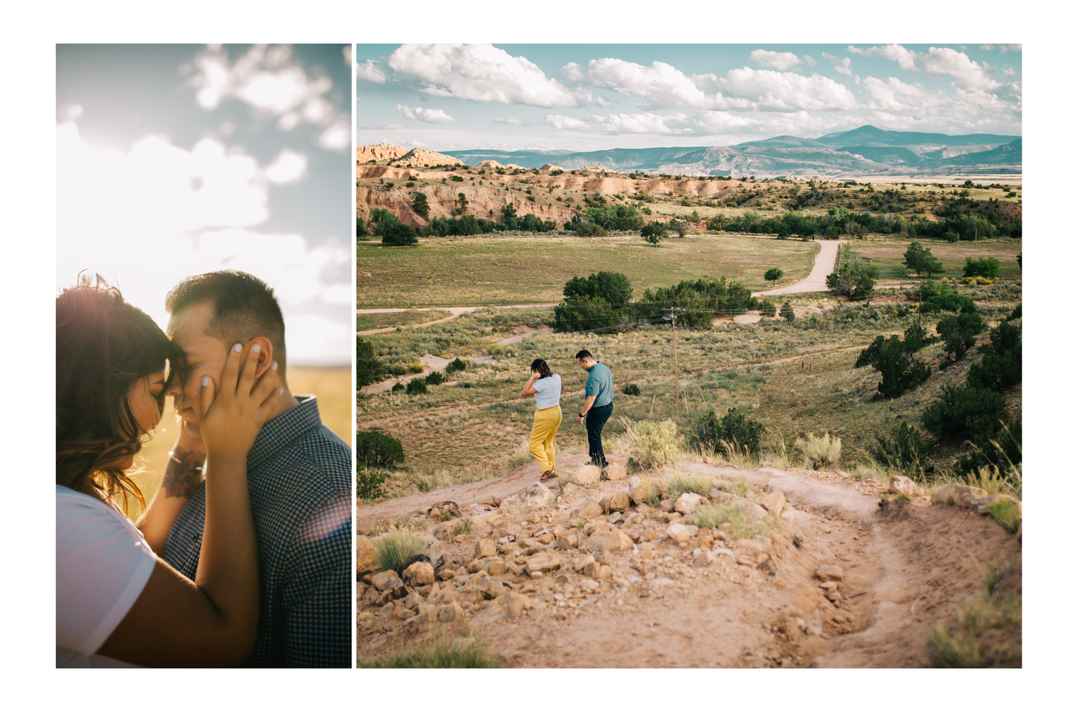Romantic couple sharing an intimate moment at sunset in a scenic desert landscape with rocky terrain and expansive views.