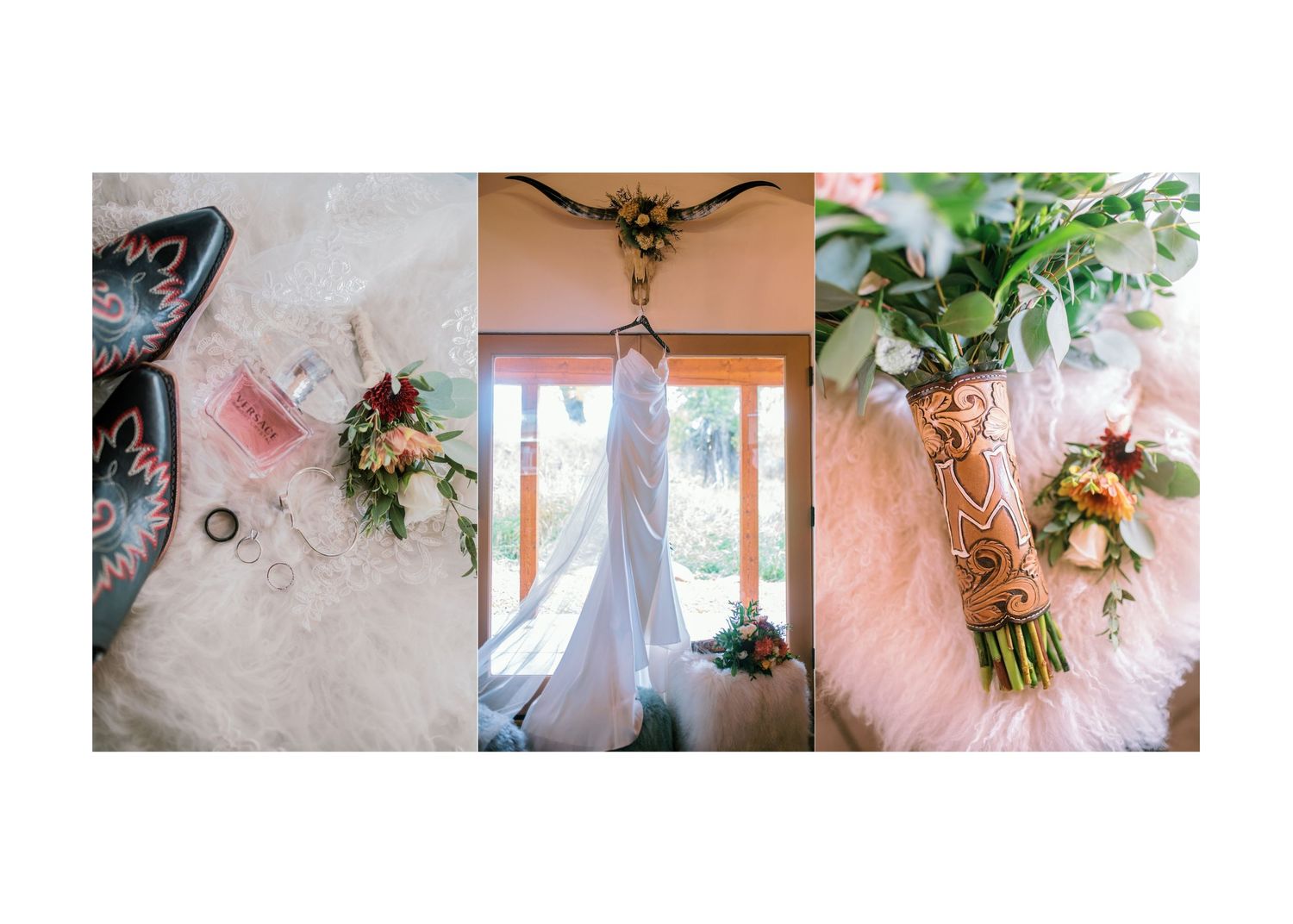 Wedding detail triptych showing rings, dress hanging in window light, and rustic floral bouquet with eucalyptus.
