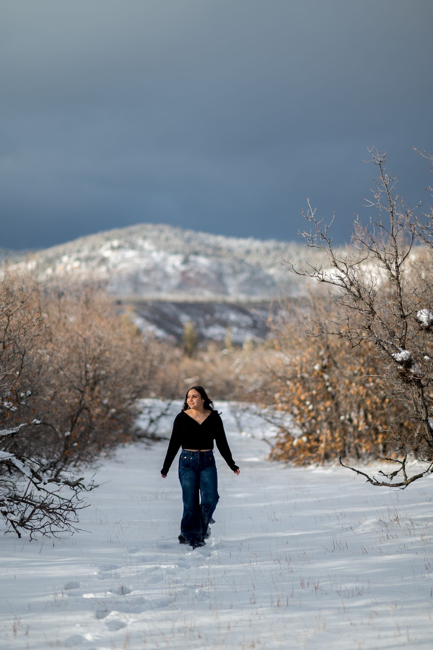 A person walks along a snowy mountain trail surrounded by winter brush and snow-capped peaks in the distance.
