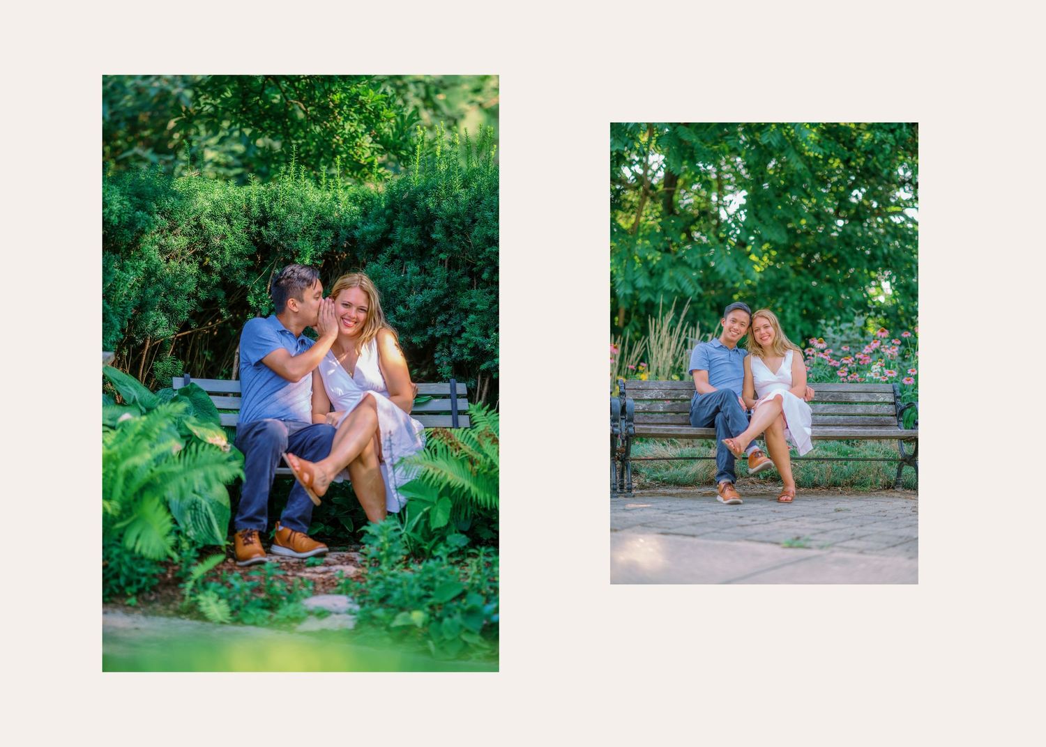 A couple sitting together on stone steps in a lush garden setting during a romantic summer photoshoot.