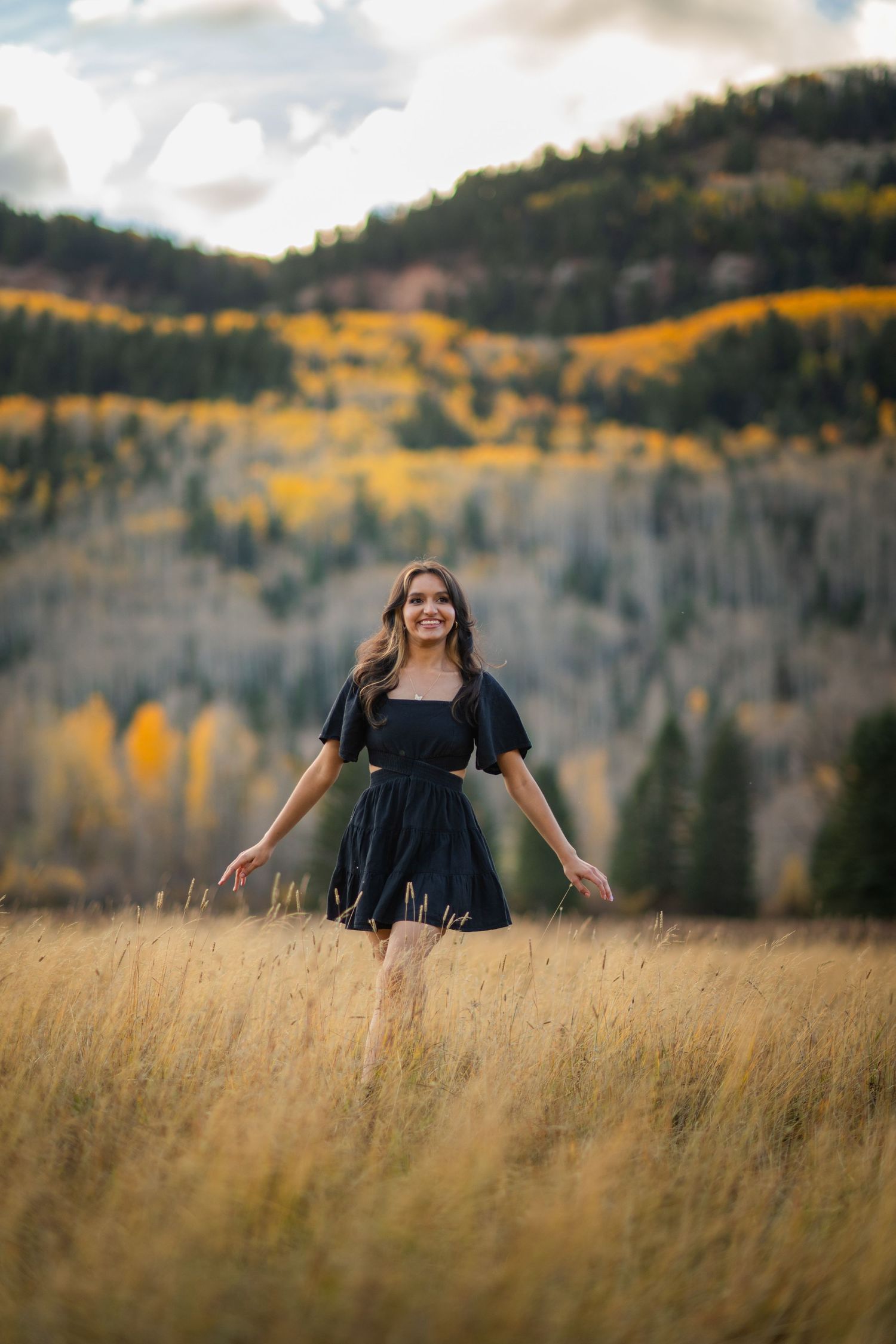 A person in a black dress stands in a golden autumn field with mountains and fall foliage in the background.