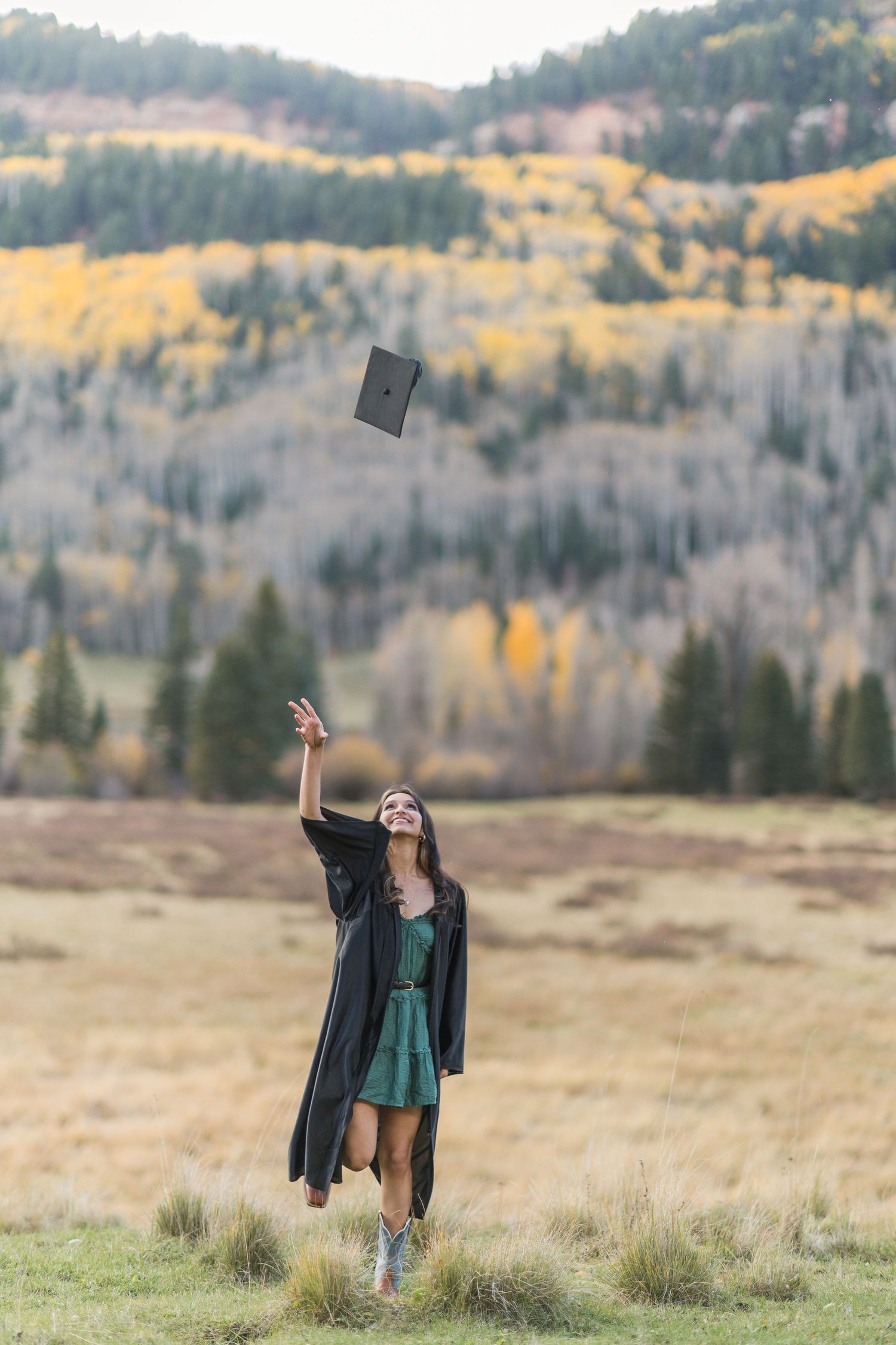A series of autumn landscape photos showing someone in a dark jacket and teal dress against golden aspen trees and mountains.