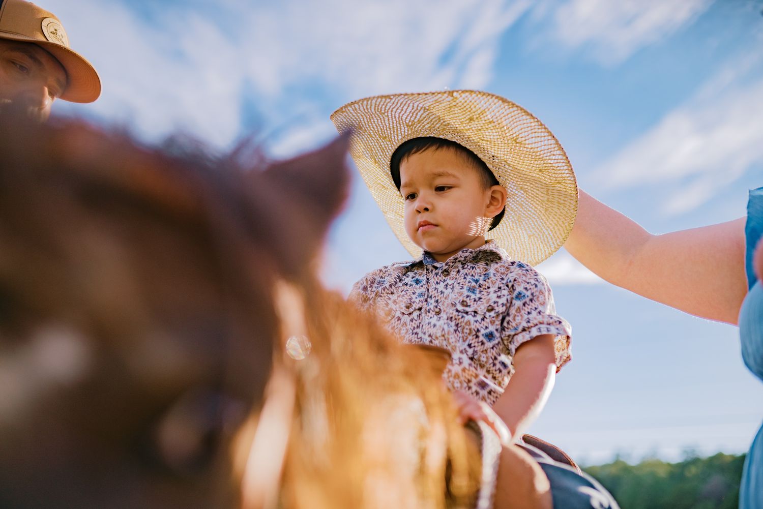 A toddler wearing a straw cowboy hat sits on a horse outdoors, assisted by an adult on a sunny day.