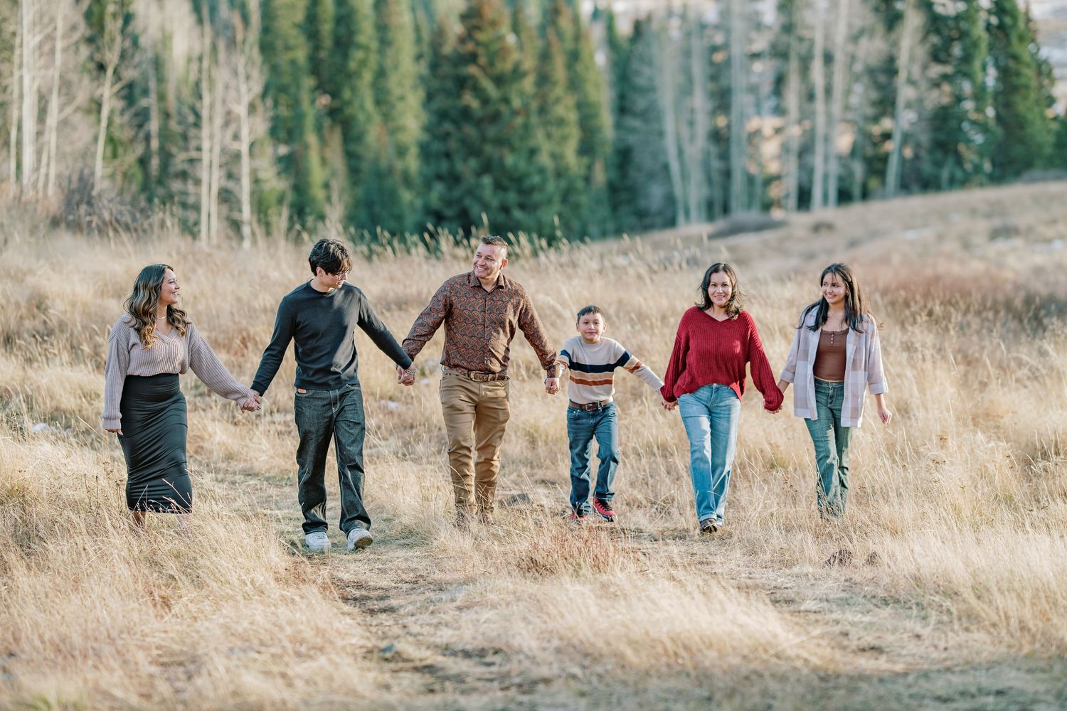 A group walks hand in hand down a mountain trail through dried grass with evergreen forest in the background.