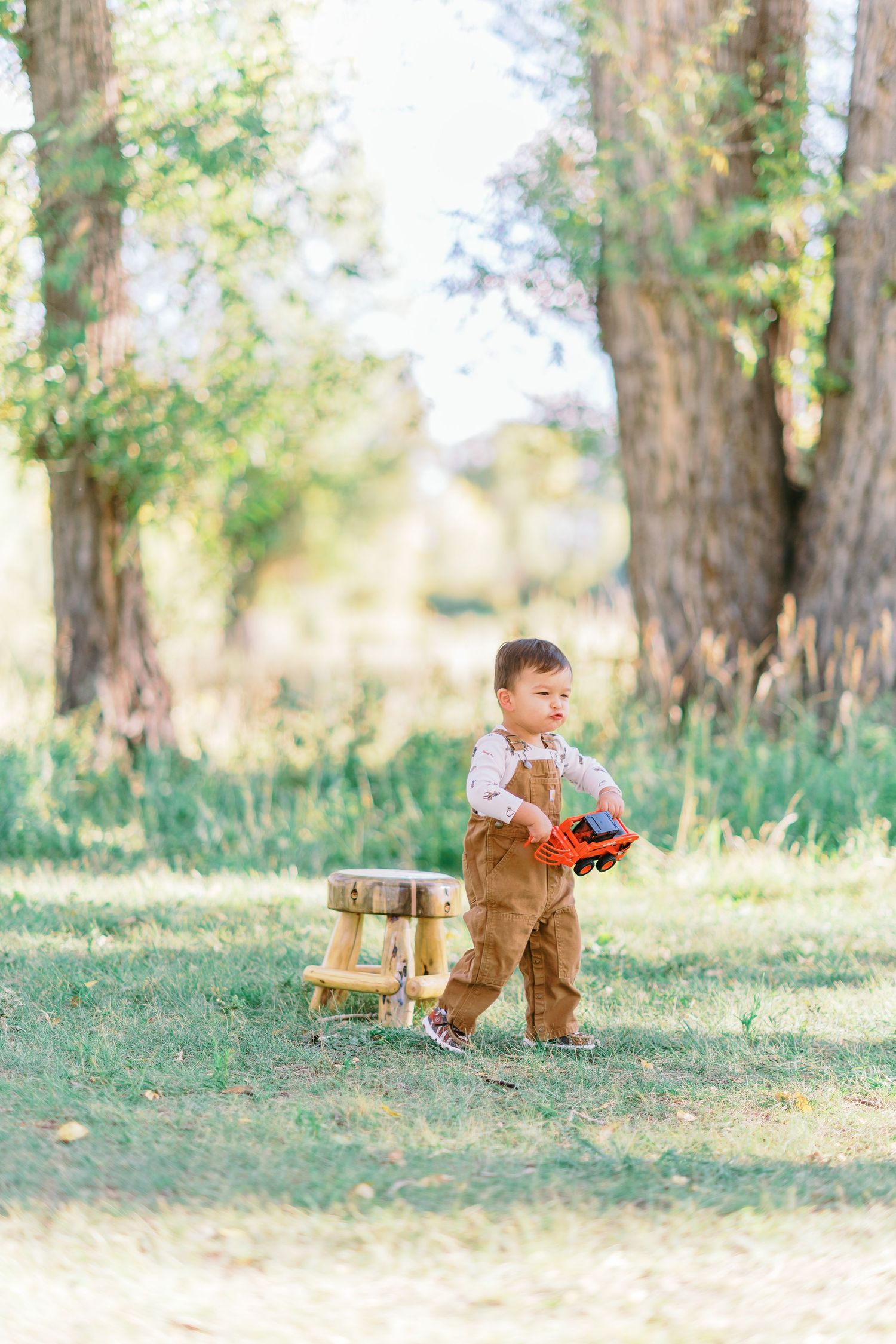 A toddler in brown overalls walks through a sunlit forest clearing with a wooden toy on a sunny autumn day.