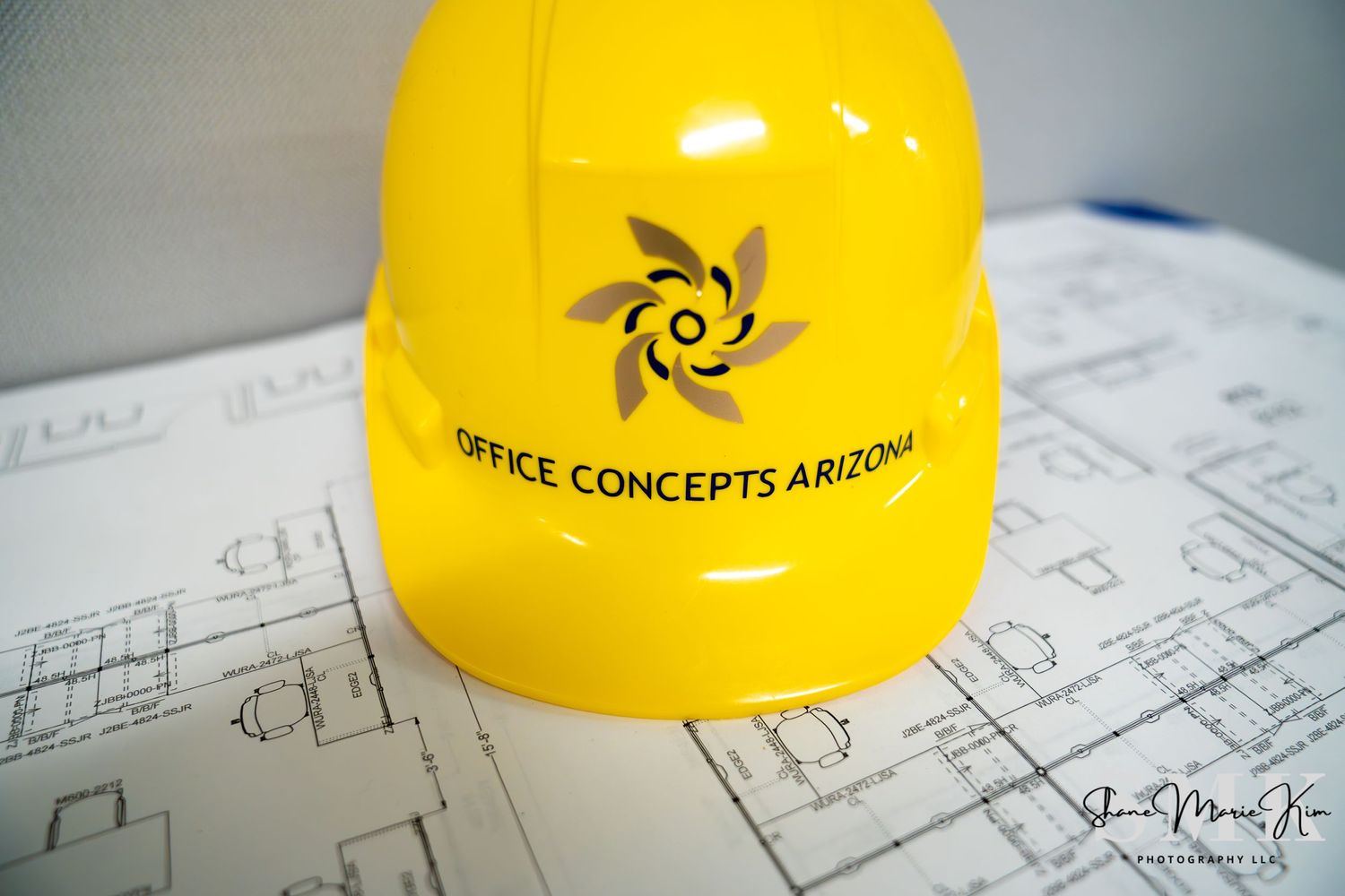 yellow hard hat, blue print