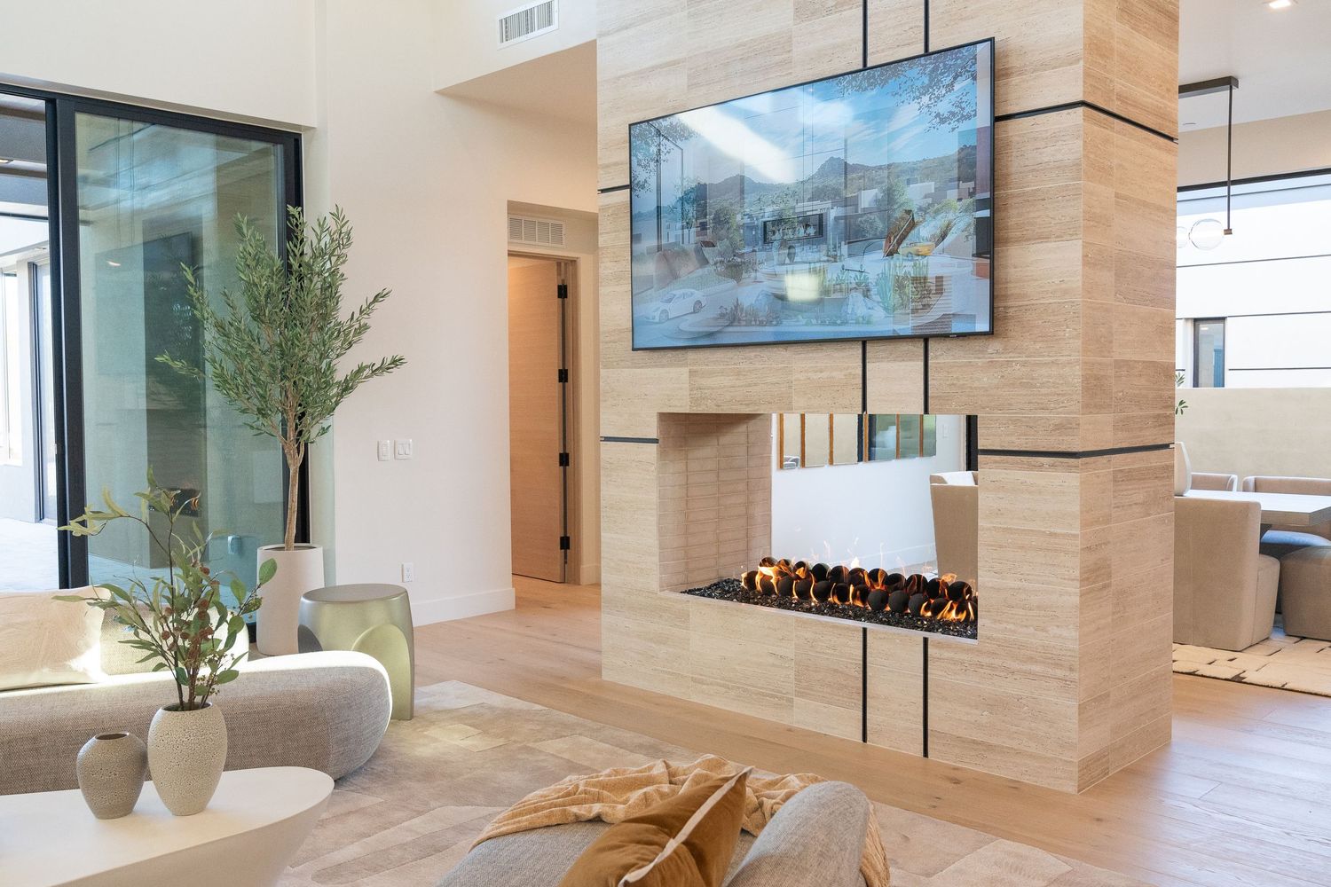 fireplace and tv with living room decoration with plants, coffee table