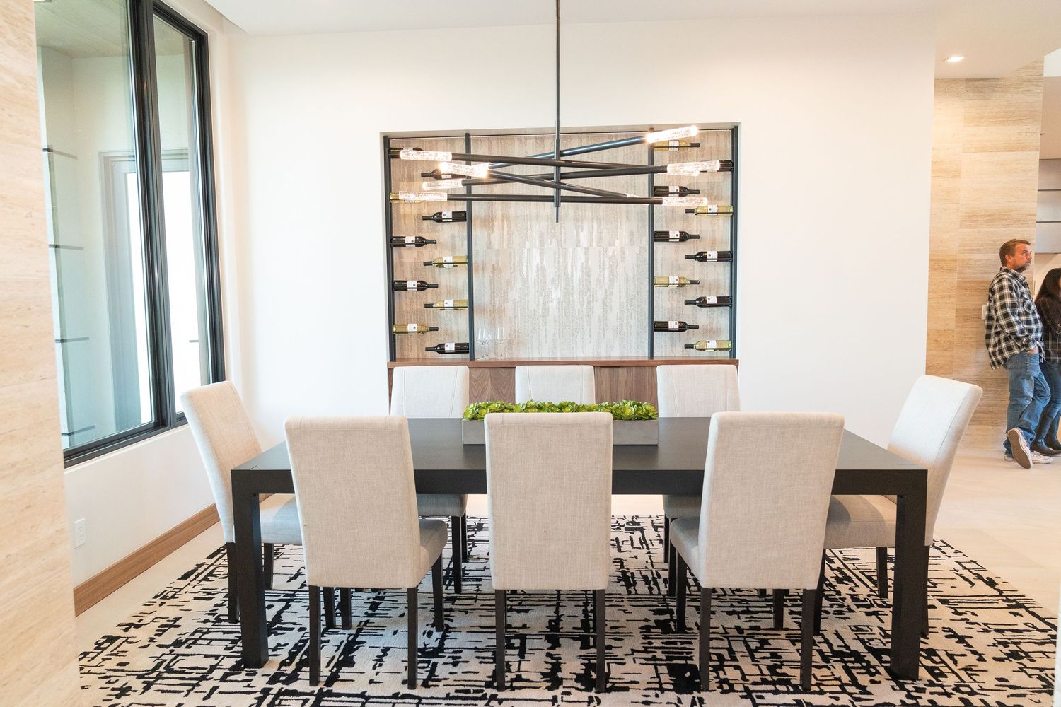 high-end dining table with a abstract chandlier