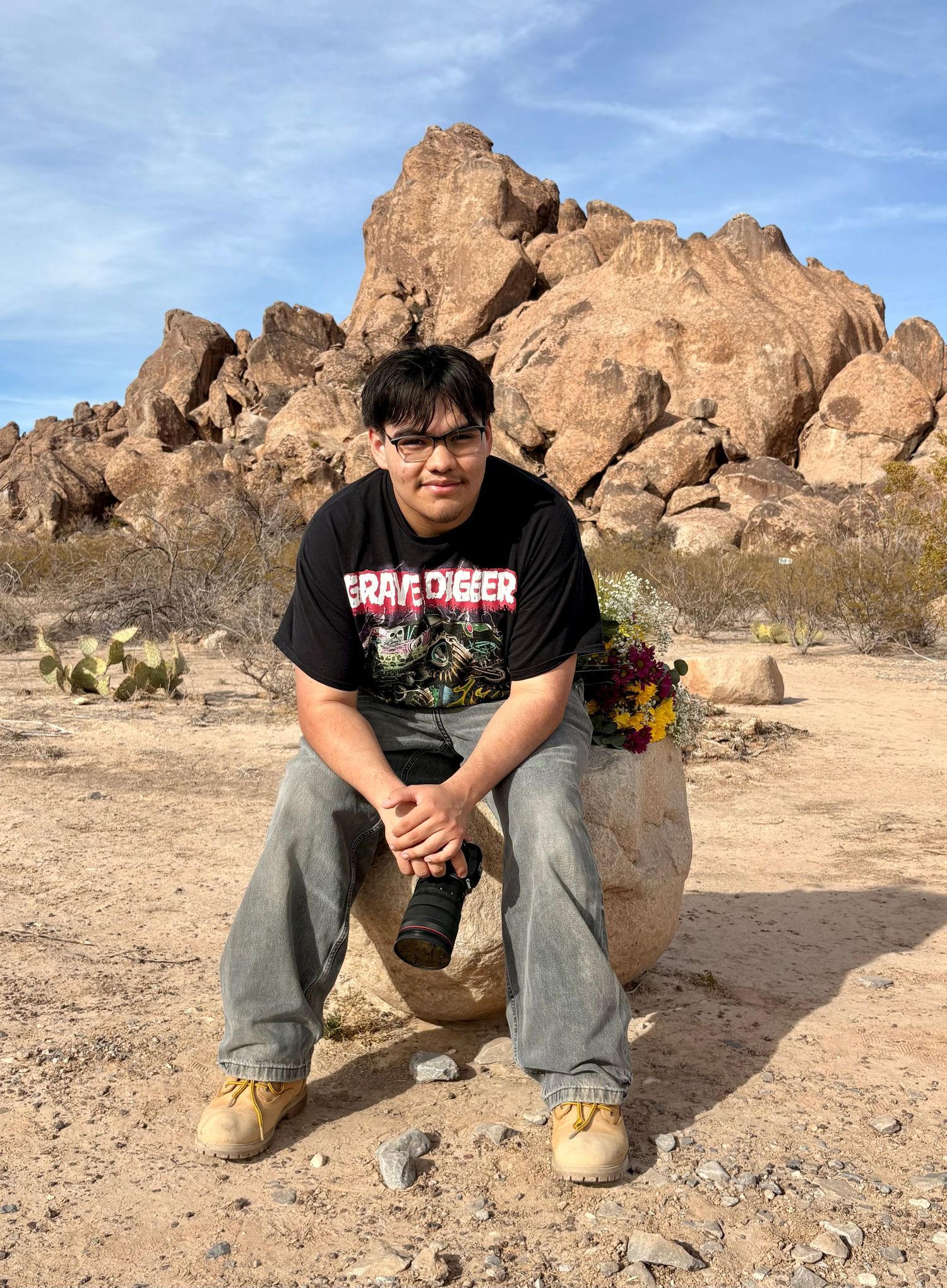 Desert landscape with large rock formations and person sitting on boulder.