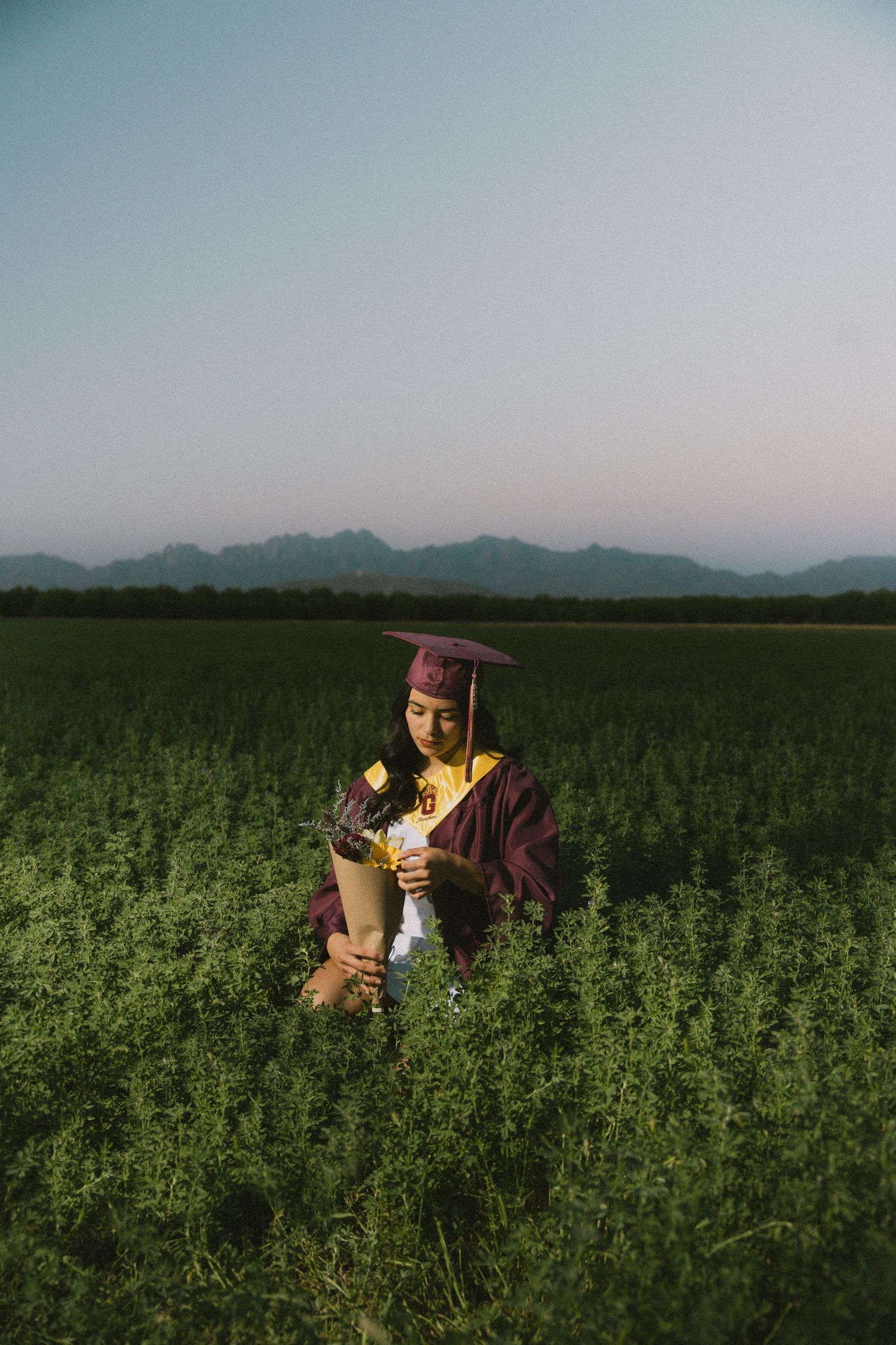 Graduation photoshoot sequence in a lush green field with mountains in the distance.