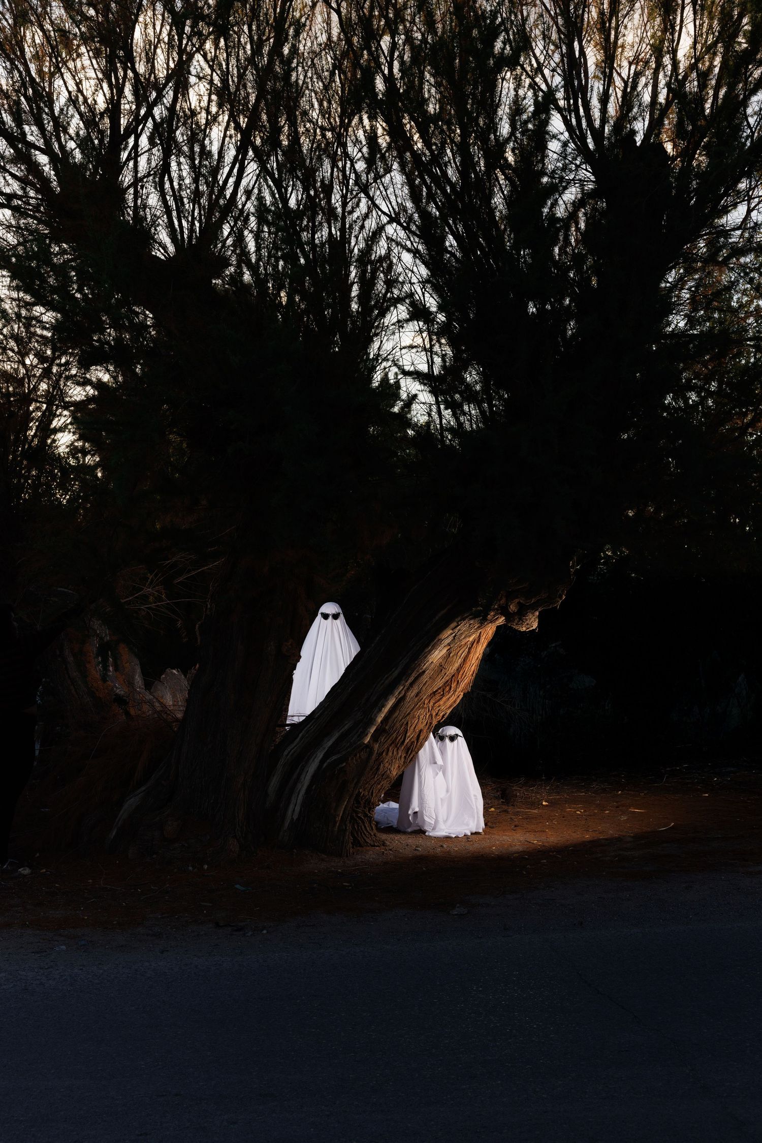 Ghostly figure in white sheet emerges from dark wooded area at dusk.