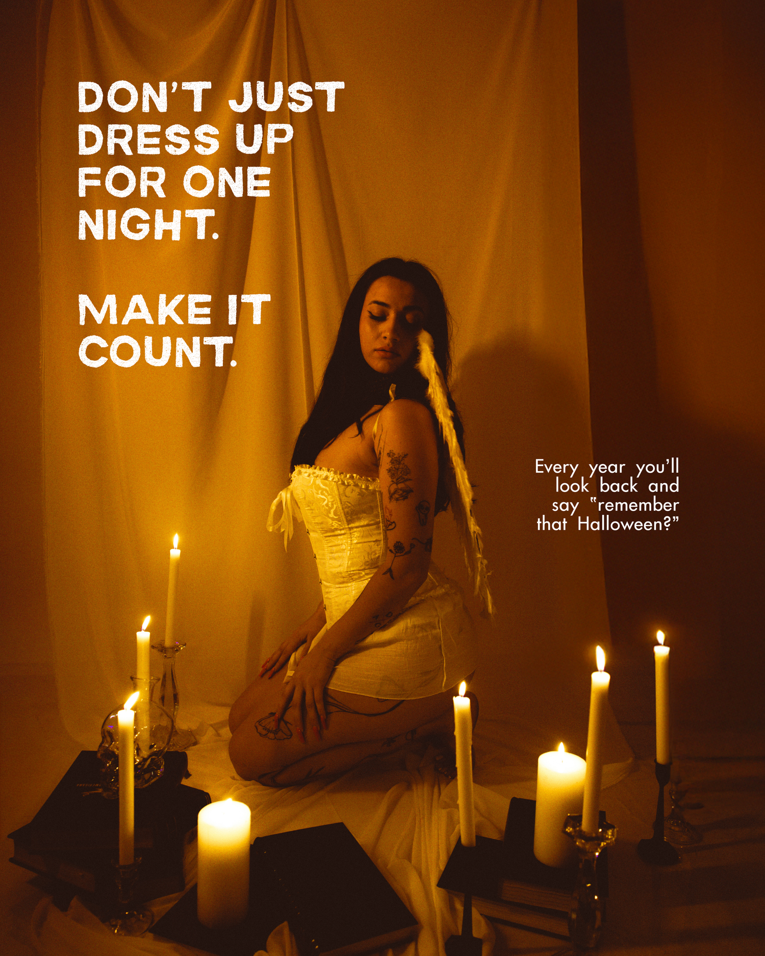 A series of moody candlelit photos showing a person in shadow with Halloween-themed text overlays.