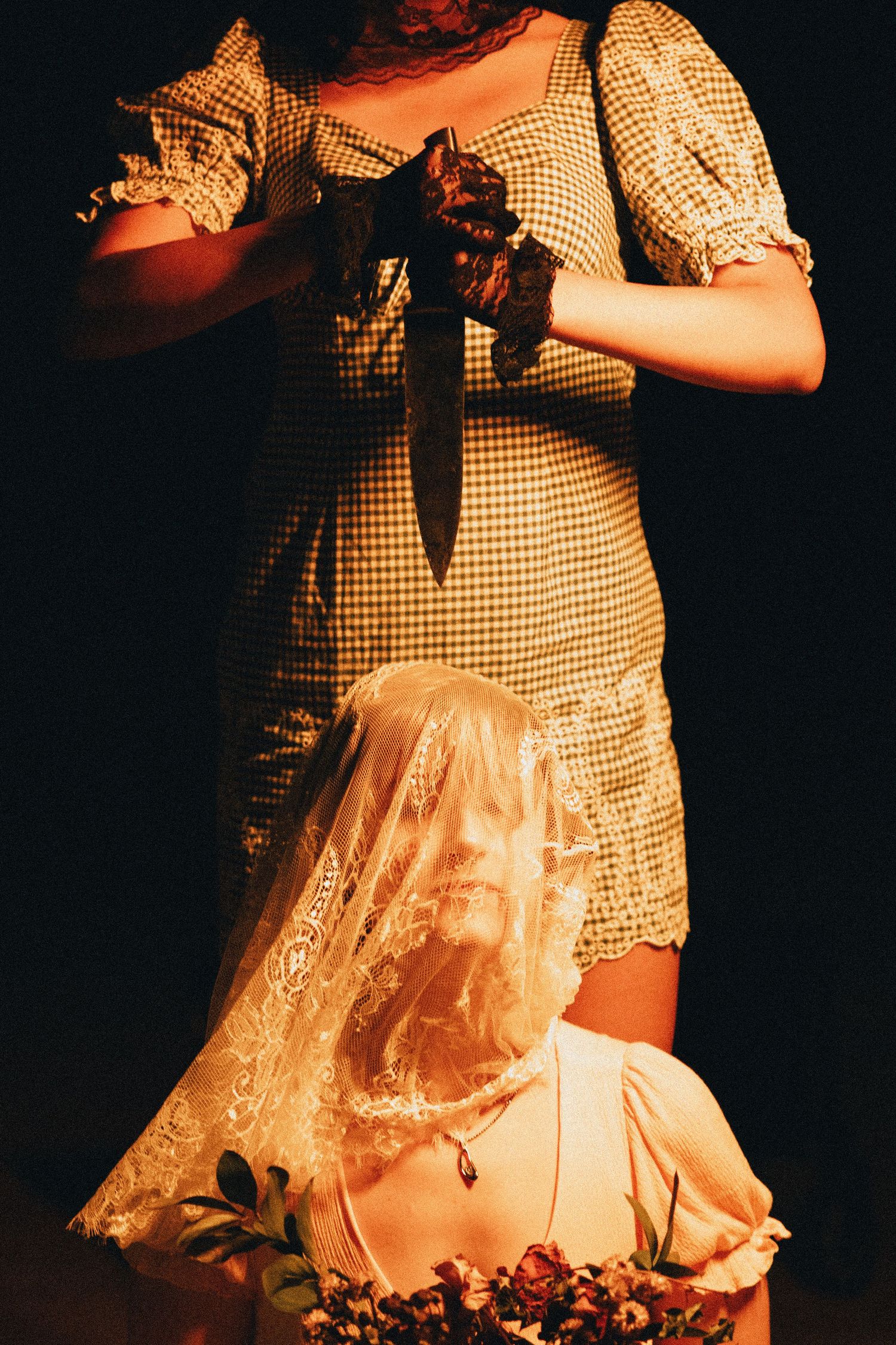 Detail shots of a vintage-style gingham dress with lace accents in warm lighting.
