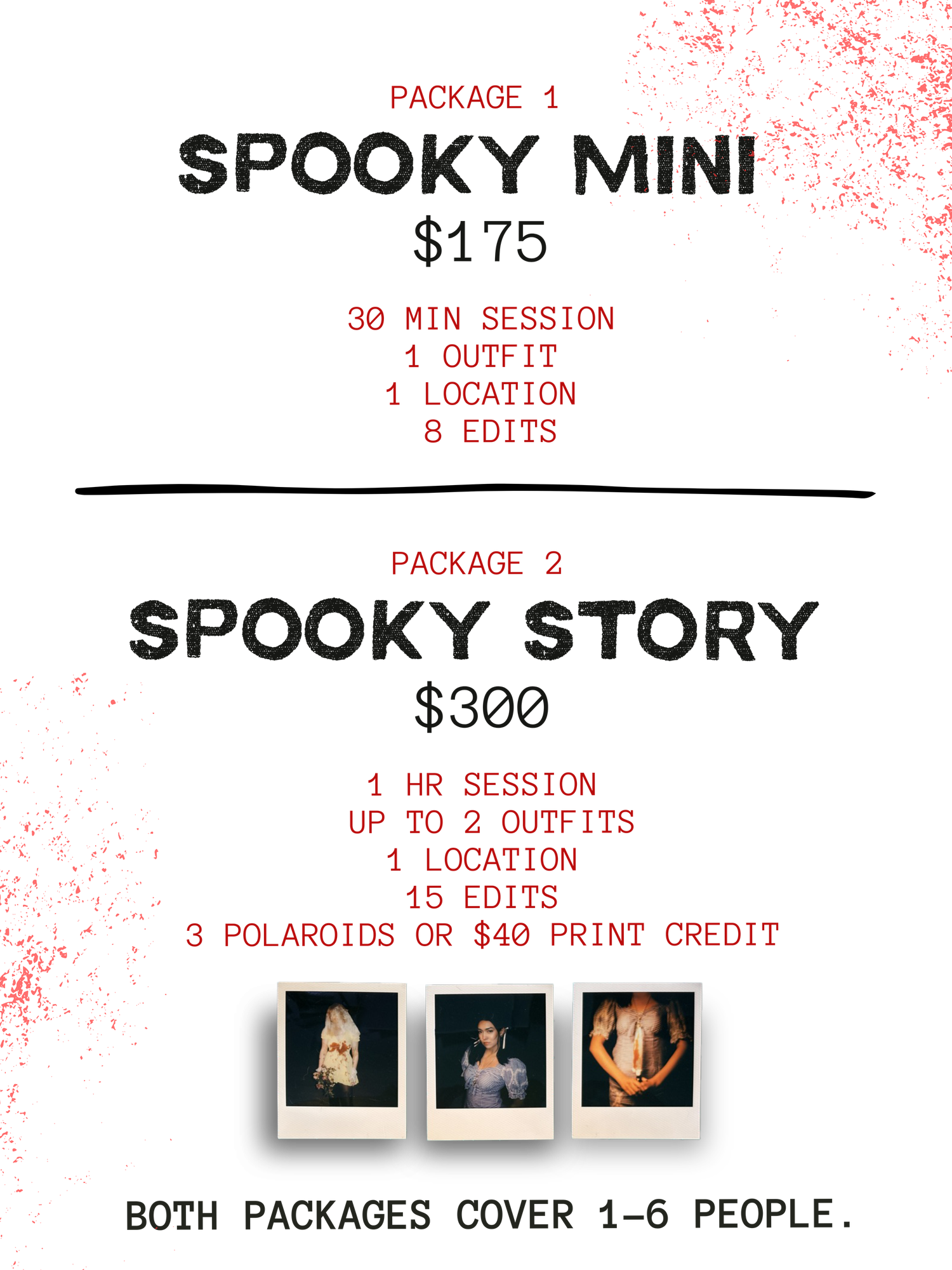 Price list showing two photography packages for spooky themed portrait sessions.