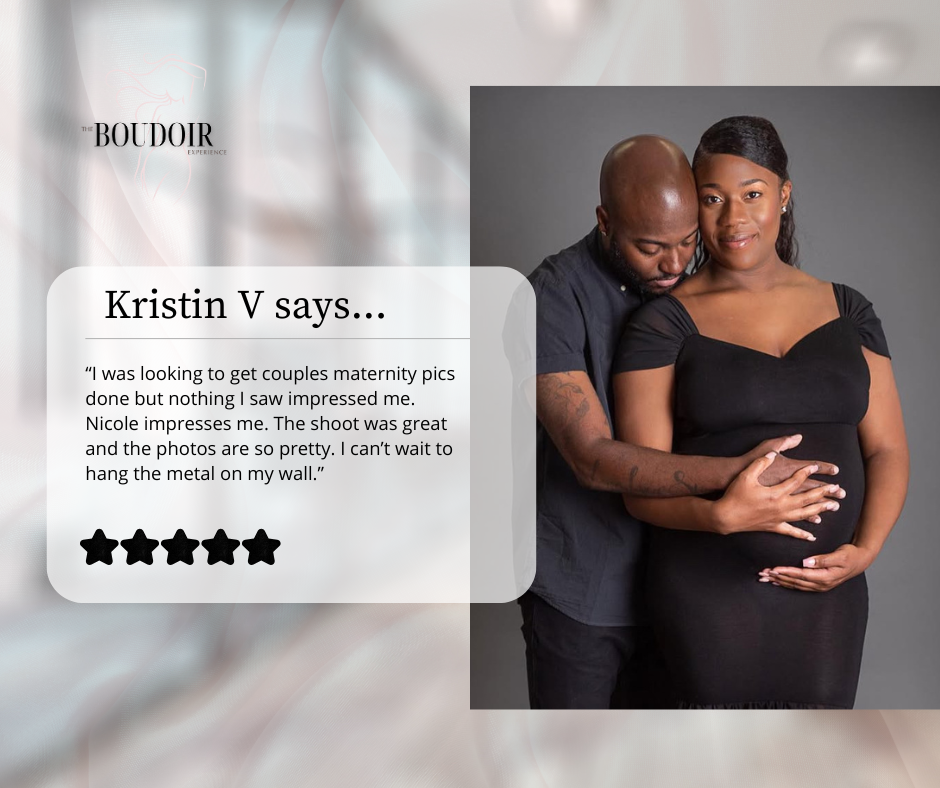 Black and white photograph of a maternity boudoir session with a couple embracing in dark attire with a client review.