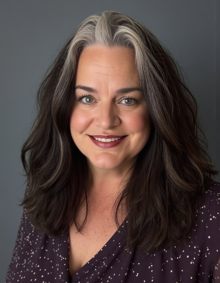 Professional headshot of a woman with long dark and silver hair wearing a purple sparkly top against a gray backdrop.