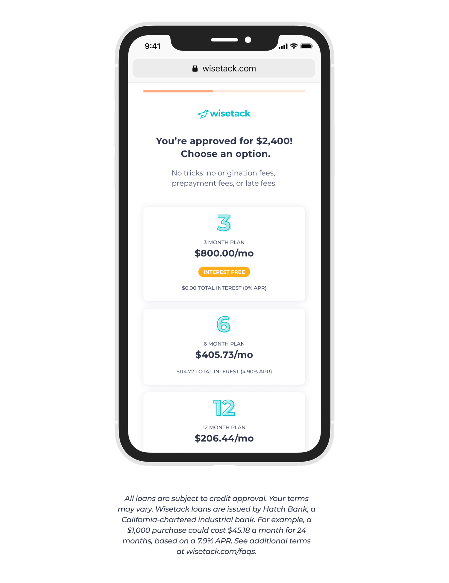 Mobile phone screenshot showing loan approval interface with three payment options.