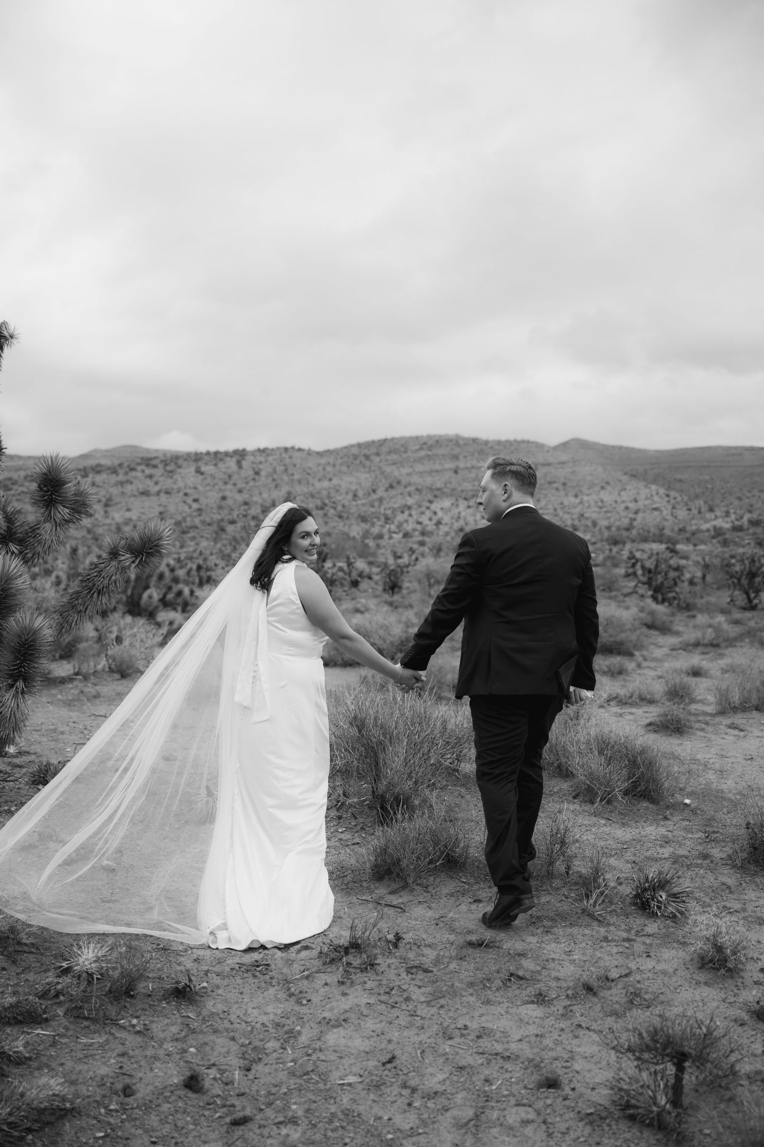 Black and white photo of bride and groom holding hands walking through desert landscape with mountains in background.