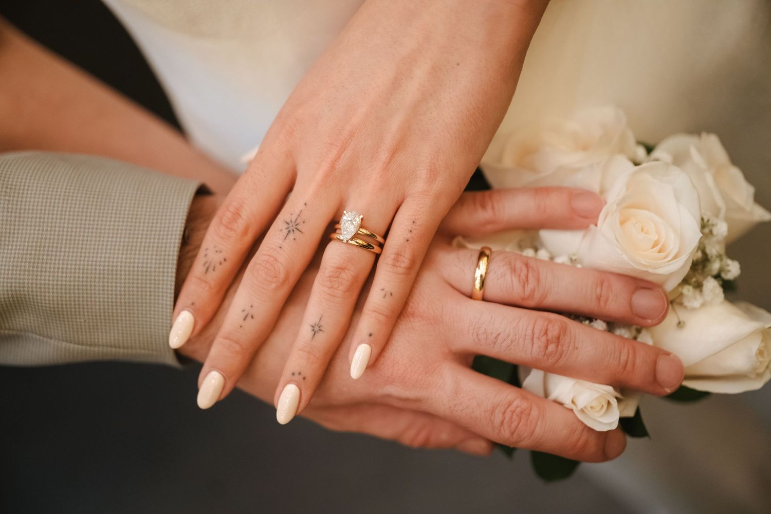 A series of hands wearing wedding rings displayed in sequence showing different angles and poses.