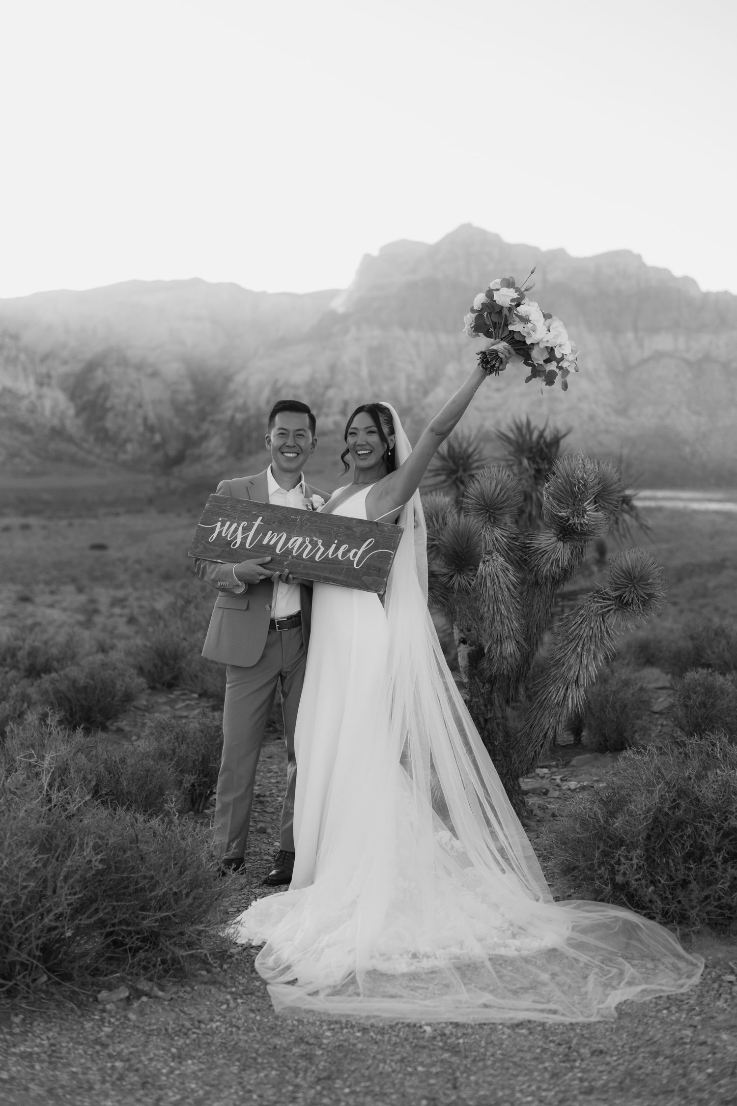 Newlyweds hold a just married sign outdoors with desert mountains backdrop, bride raises bouquet in black and white photo.
