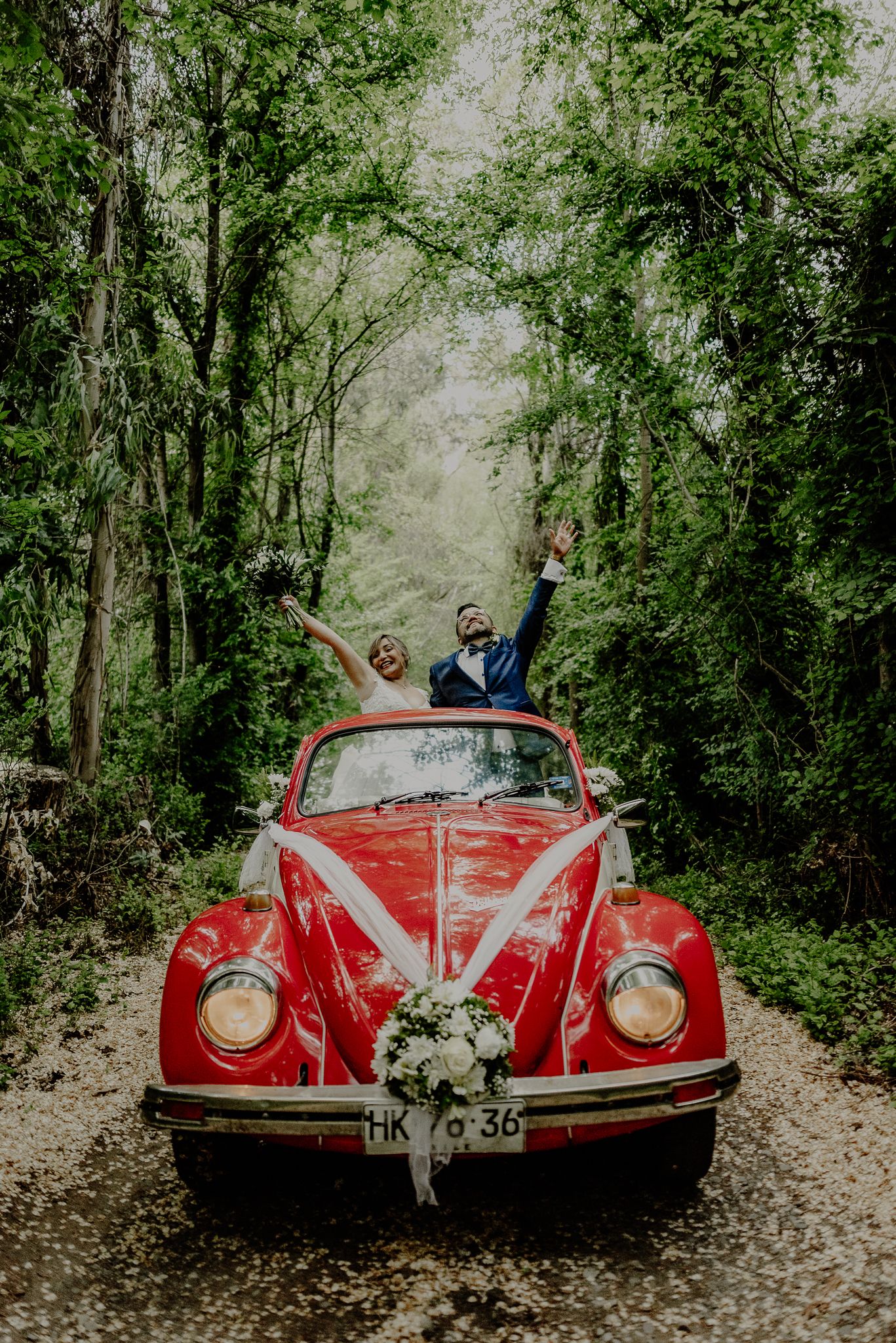 Newlyweds celebrating in a red vintage Volkswagen Beetle decorated with flowers on a forest path.