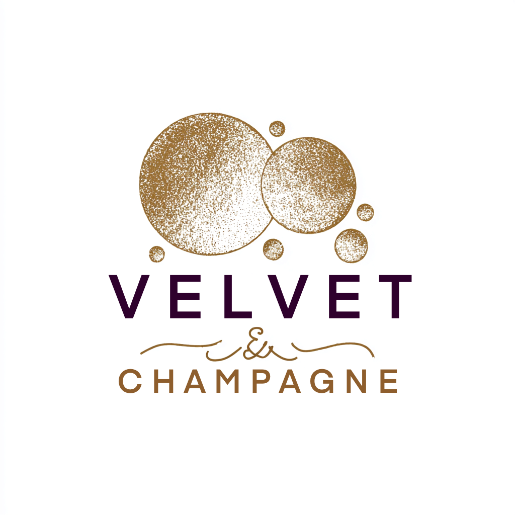 Velvet & Champagne logo featuring golden bubbles and elegant typography in purple and gold tones.