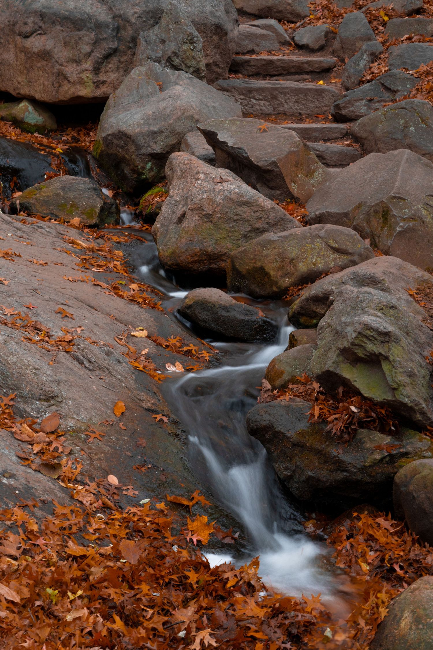 Cascading waterfall flows through rocky terrain surrounded by vibrant orange autumn leaves in a serene forest setting.