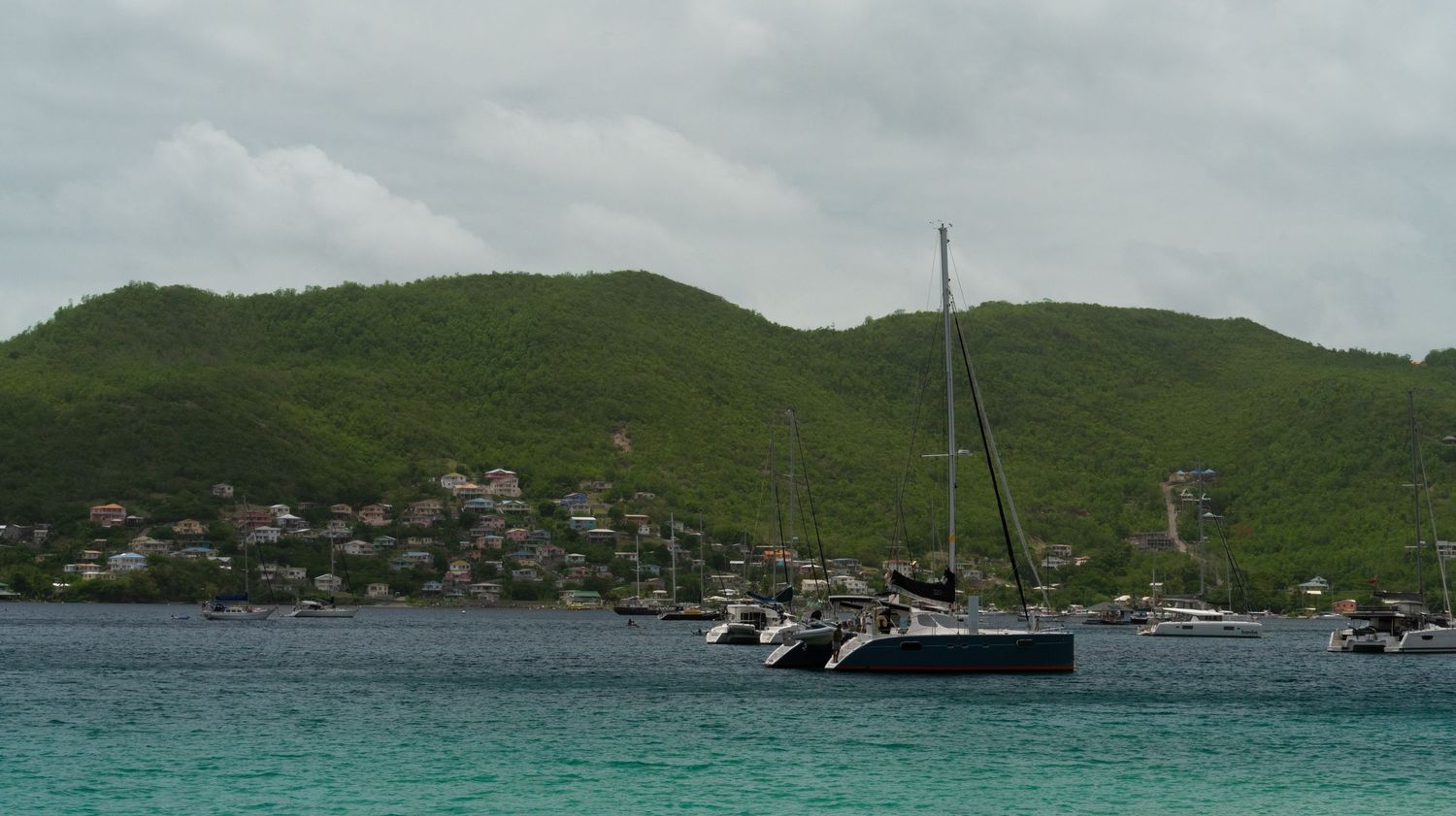Sailboats anchored in tropical bay with green hillside and coastal homes in background.
