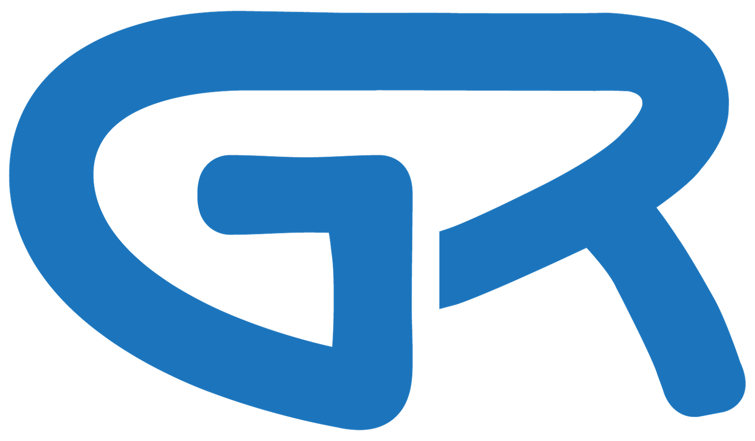 Blue GR monogram logo with bold rounded letters in a modern sans-serif style on white background.
