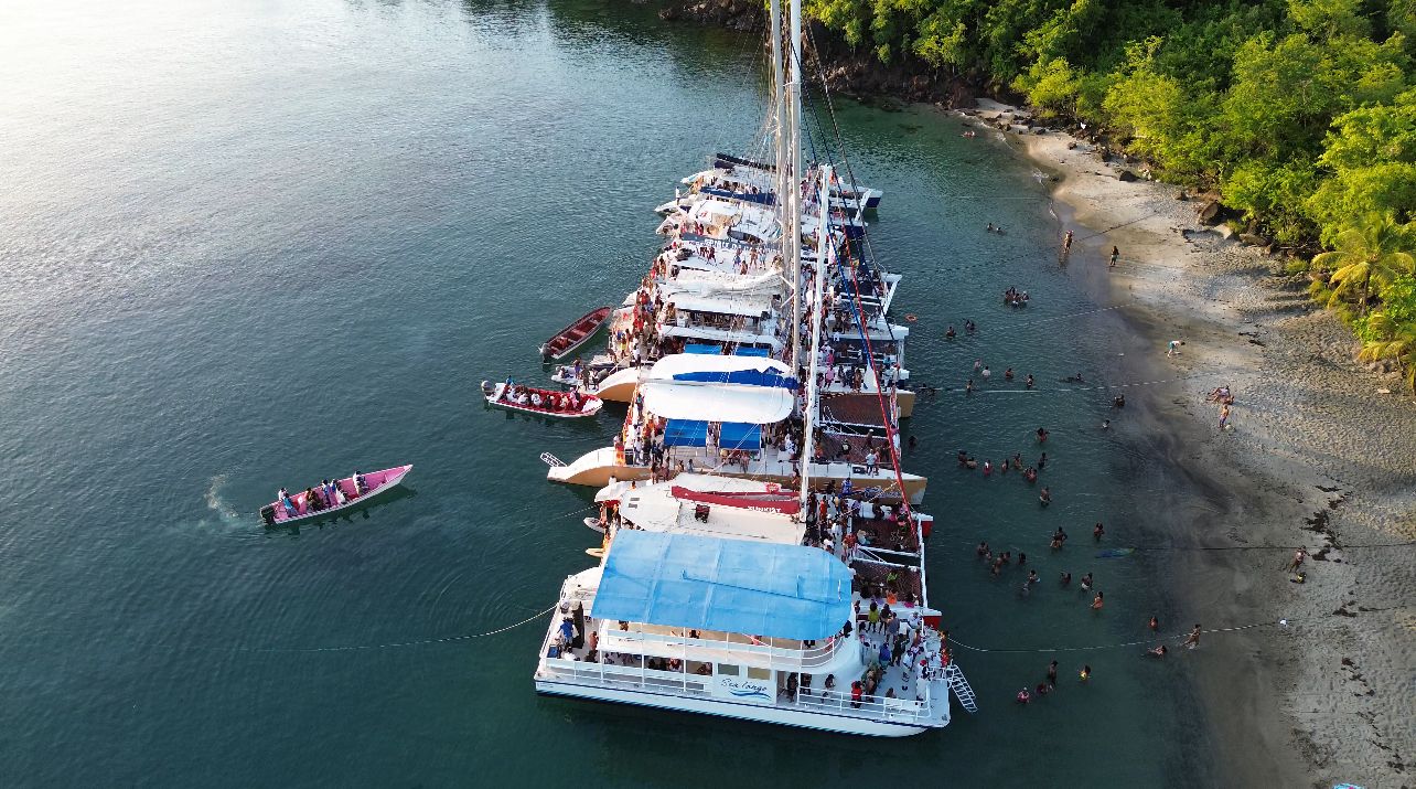 Aerial view of boats and swimmers gathered near party boats on a scenic waterway.