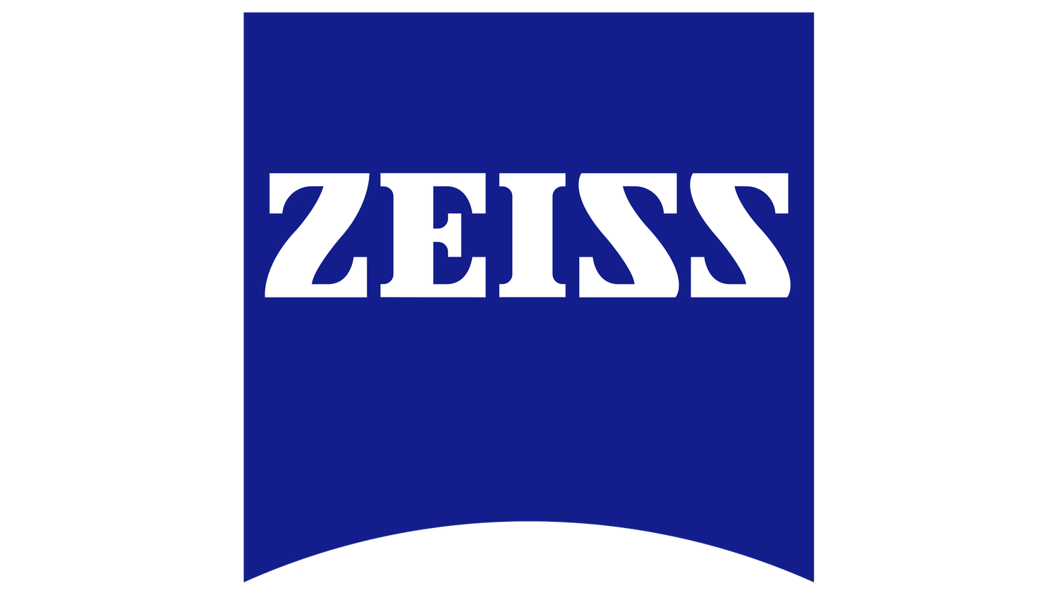 ZEISS brand logo featuring bold white text on a royal blue shield-shaped background with a curved bottom edge.