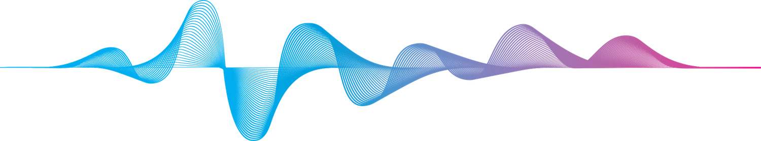 Colorful abstract sound wave graphic with flowing blue and purple gradient curves on a white background.