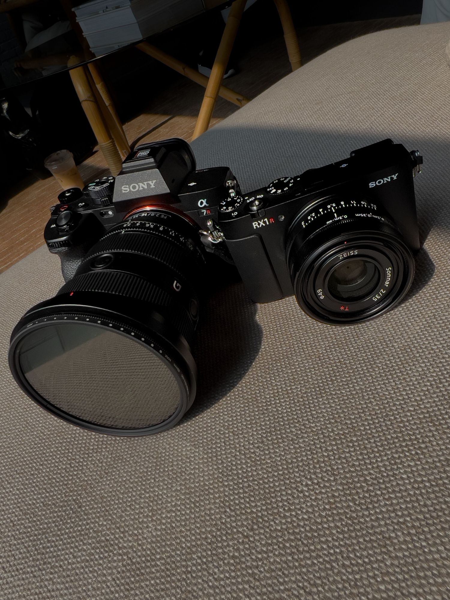 Collection of Sony camera bodies and lenses arranged on gray textured surface.