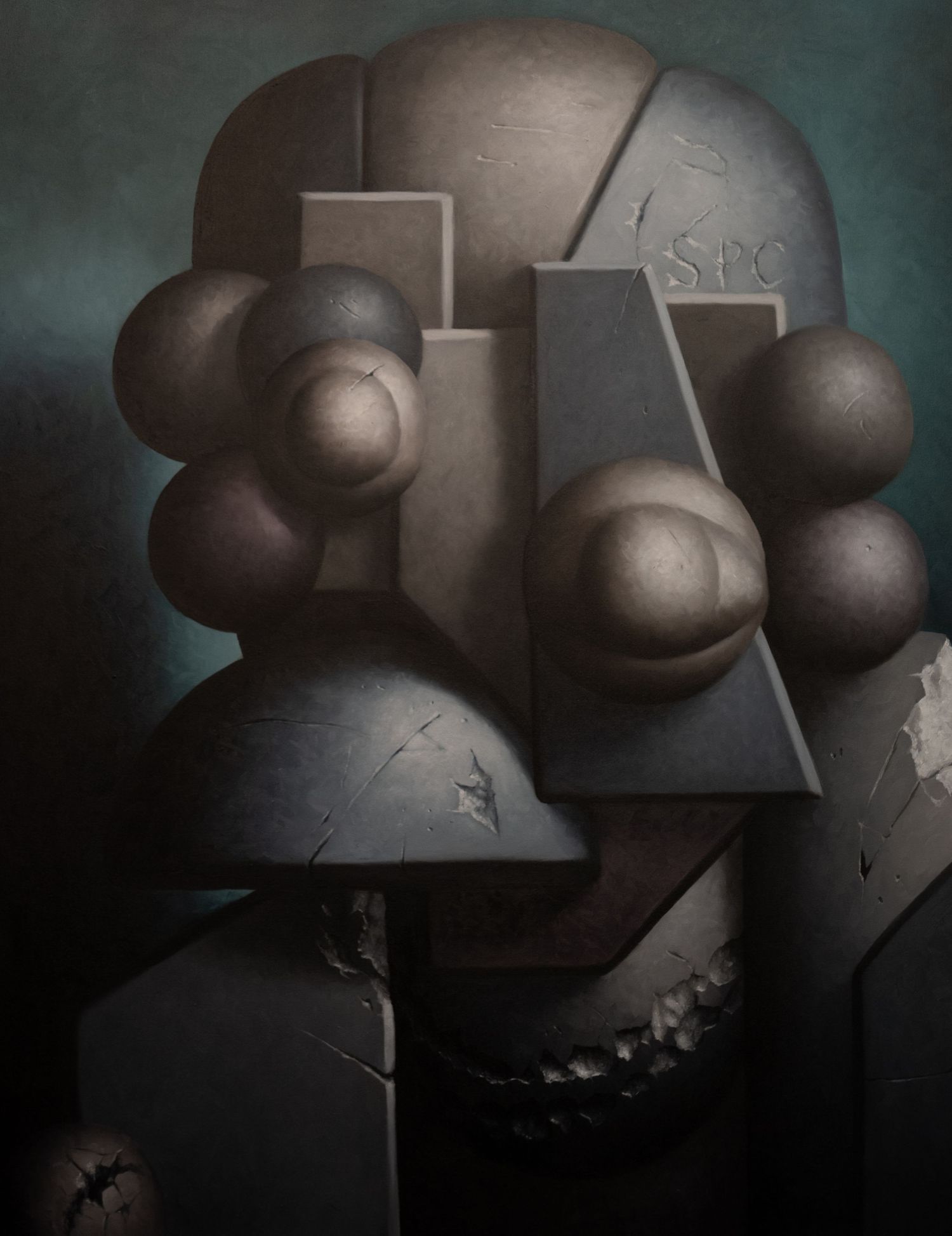 Abstract sculptural forms in dark tones against moody background create geometric shadows.