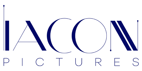 A stylized blue logo for IACON Pictures with sleek, modern typography against a white background.