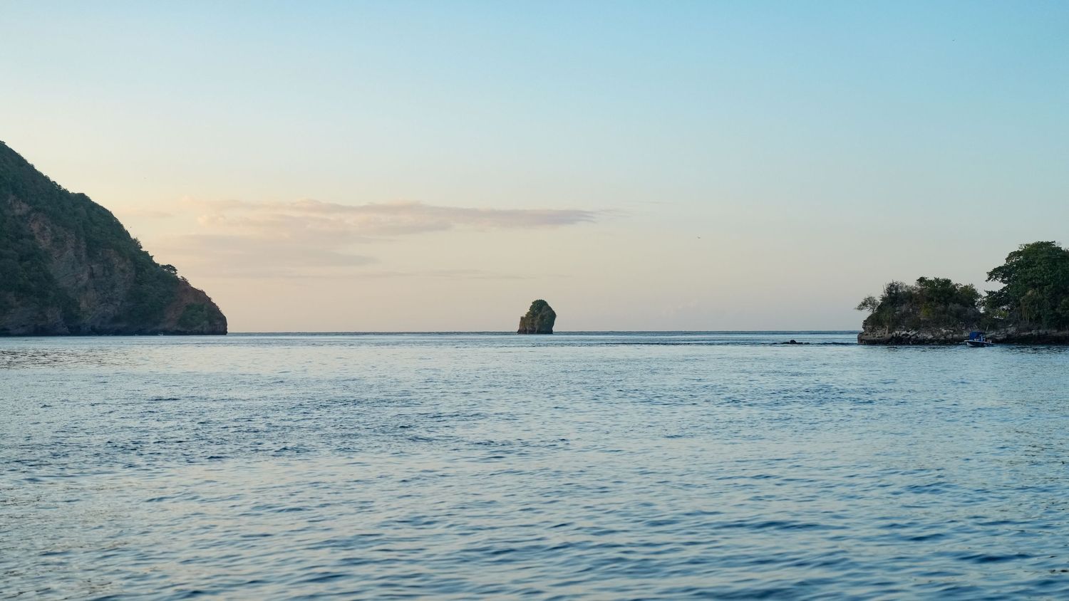 Five scenic coastal images showing tranquil ocean views with rocky cliffs and islands at sunset.