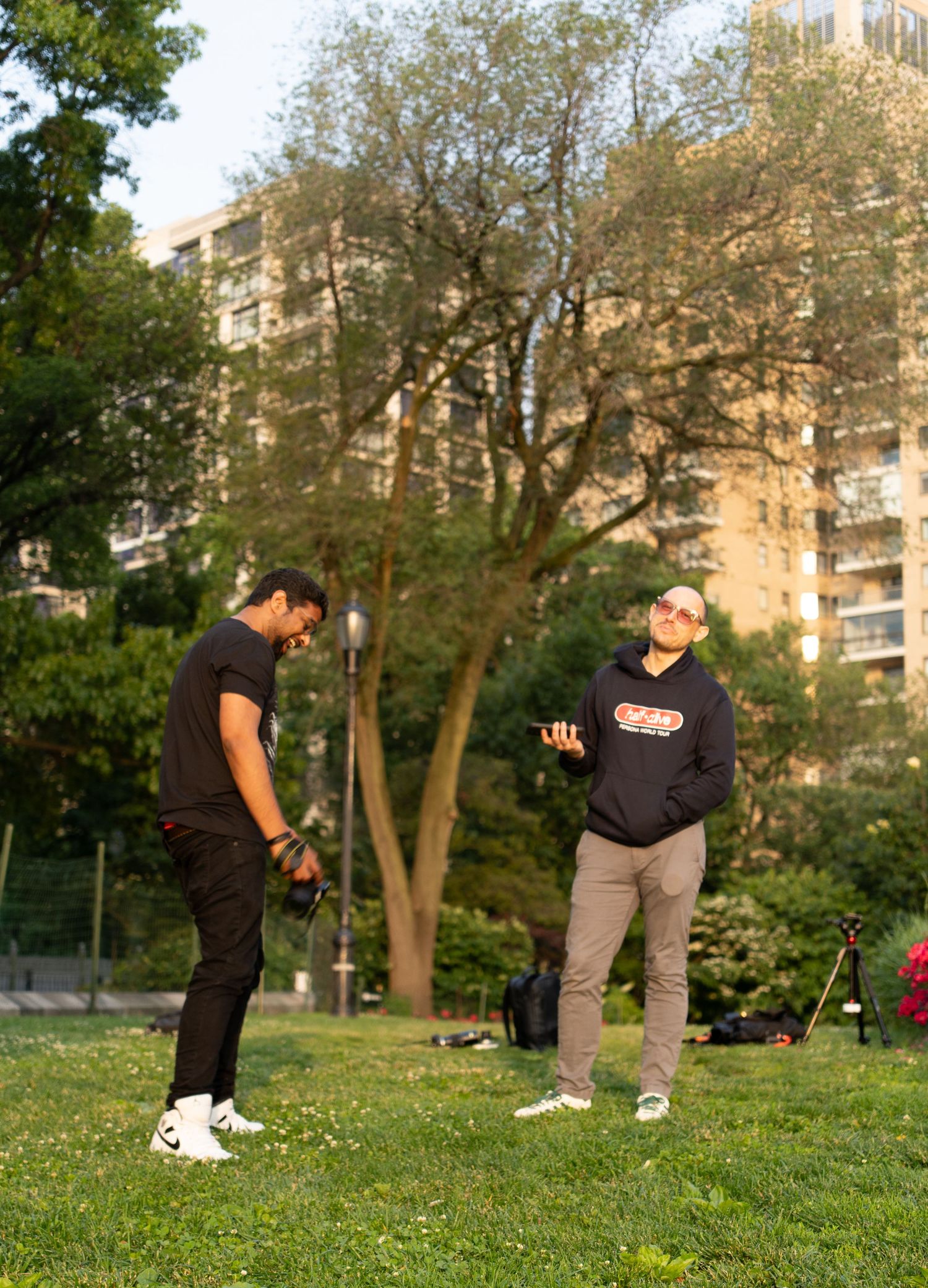 Two people standing on grass in an urban park with tall buildings in background.