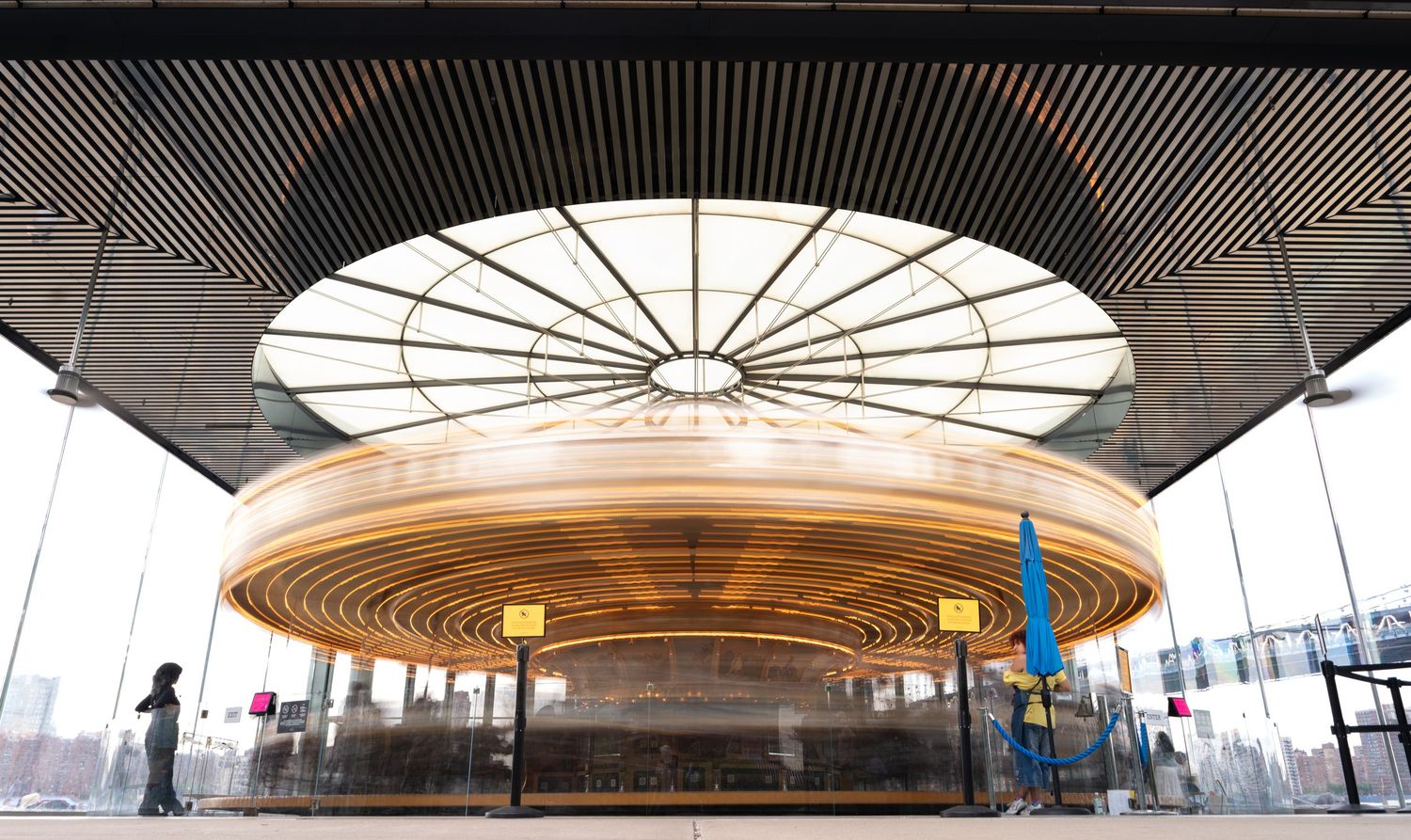 Curved architectural ceiling details with concentric circular patterns and modern lighting.