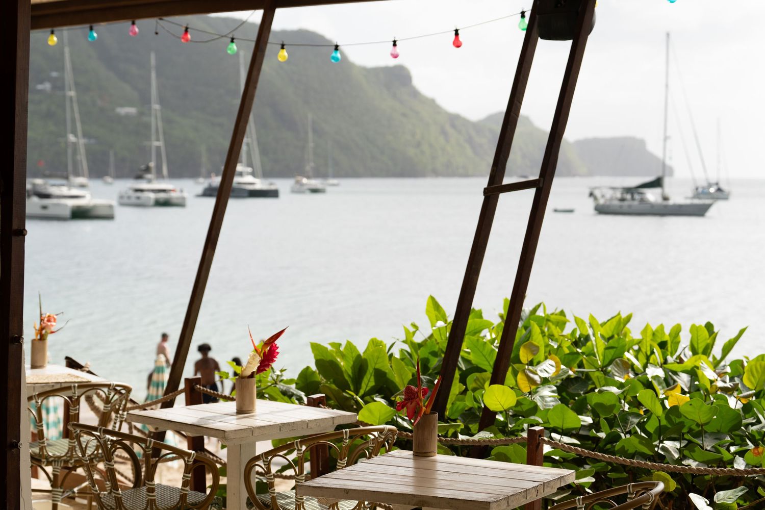 Colorful string lights hang above a waterfront view with boats anchored in a tranquil bay.