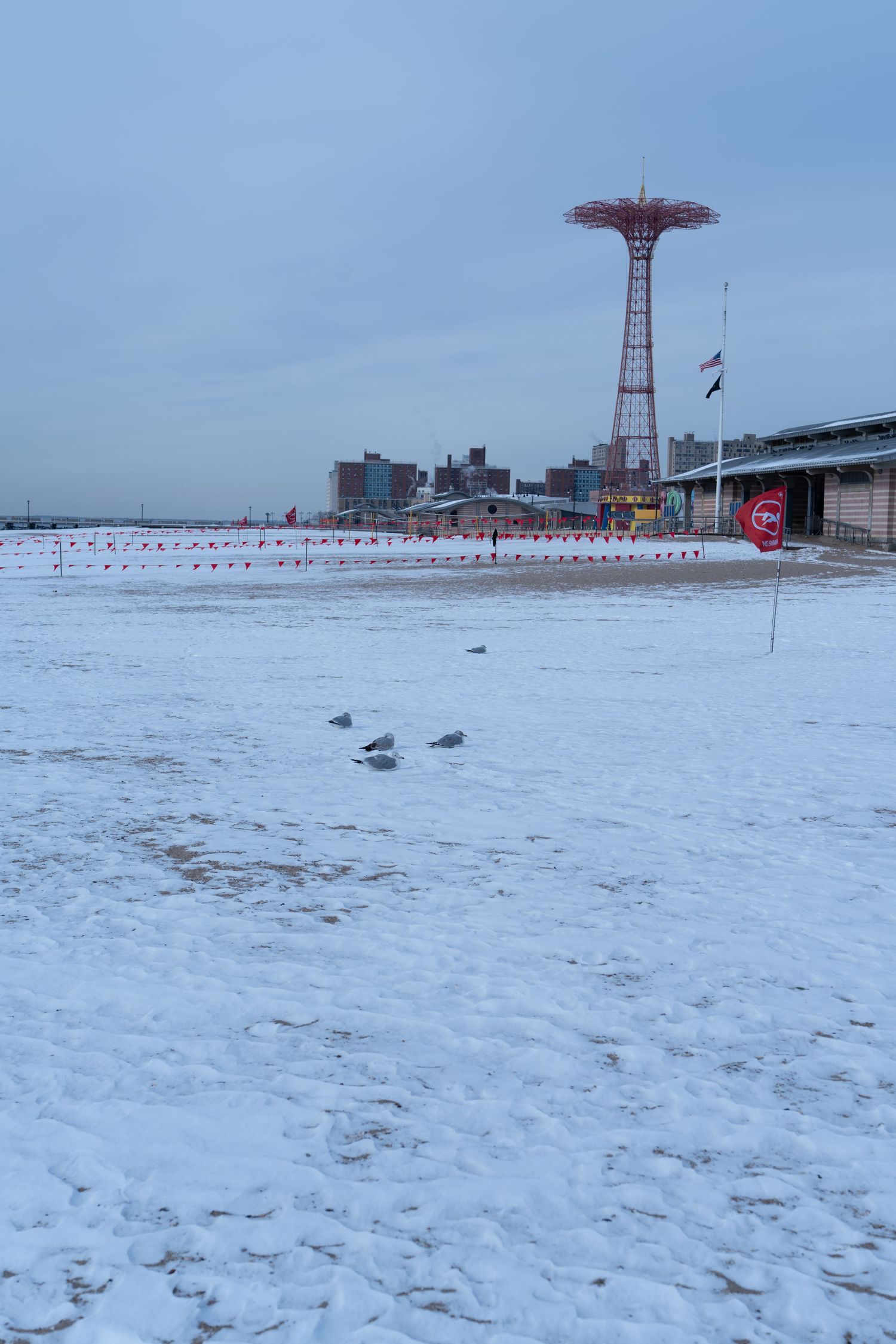 Snow-covered Coney Island beach with iconic Parachute Jump tower in winter.