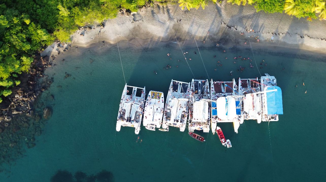 Aerial view of boats moored at a marina with turquoise waters and lush green coastline.