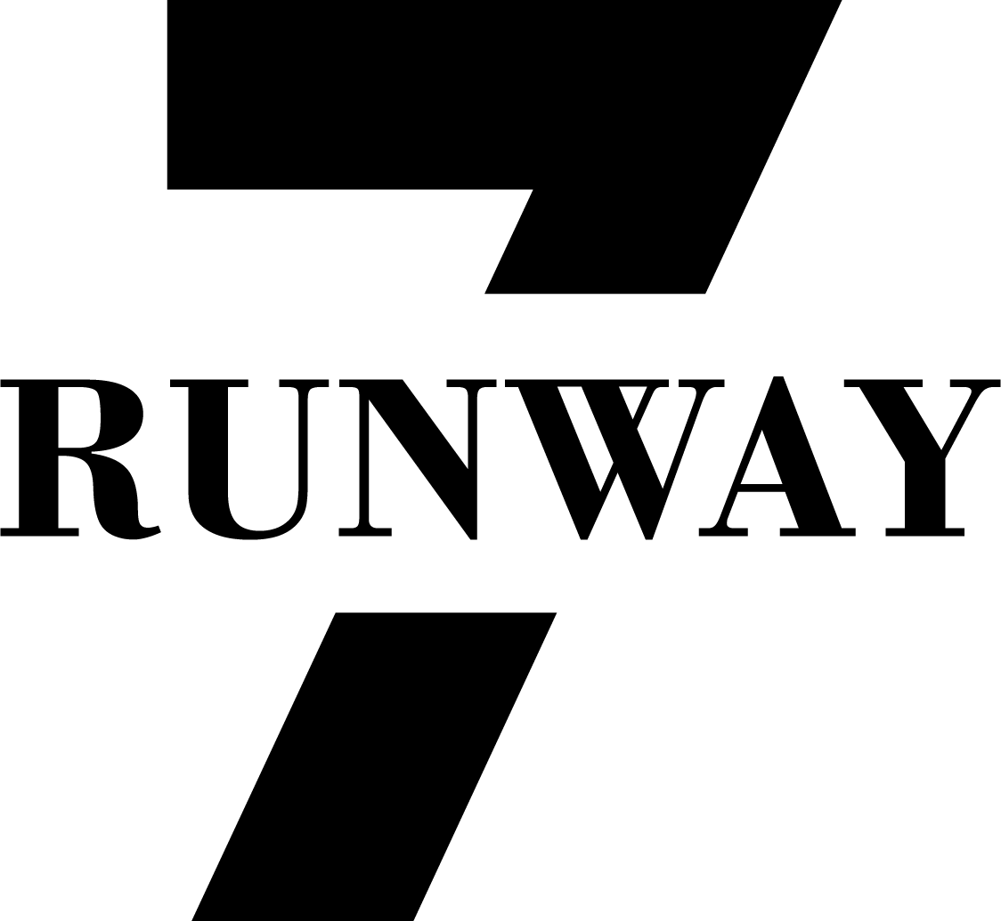 Runway 7 fashion brand logo featuring bold black number seven with serif text on white background.