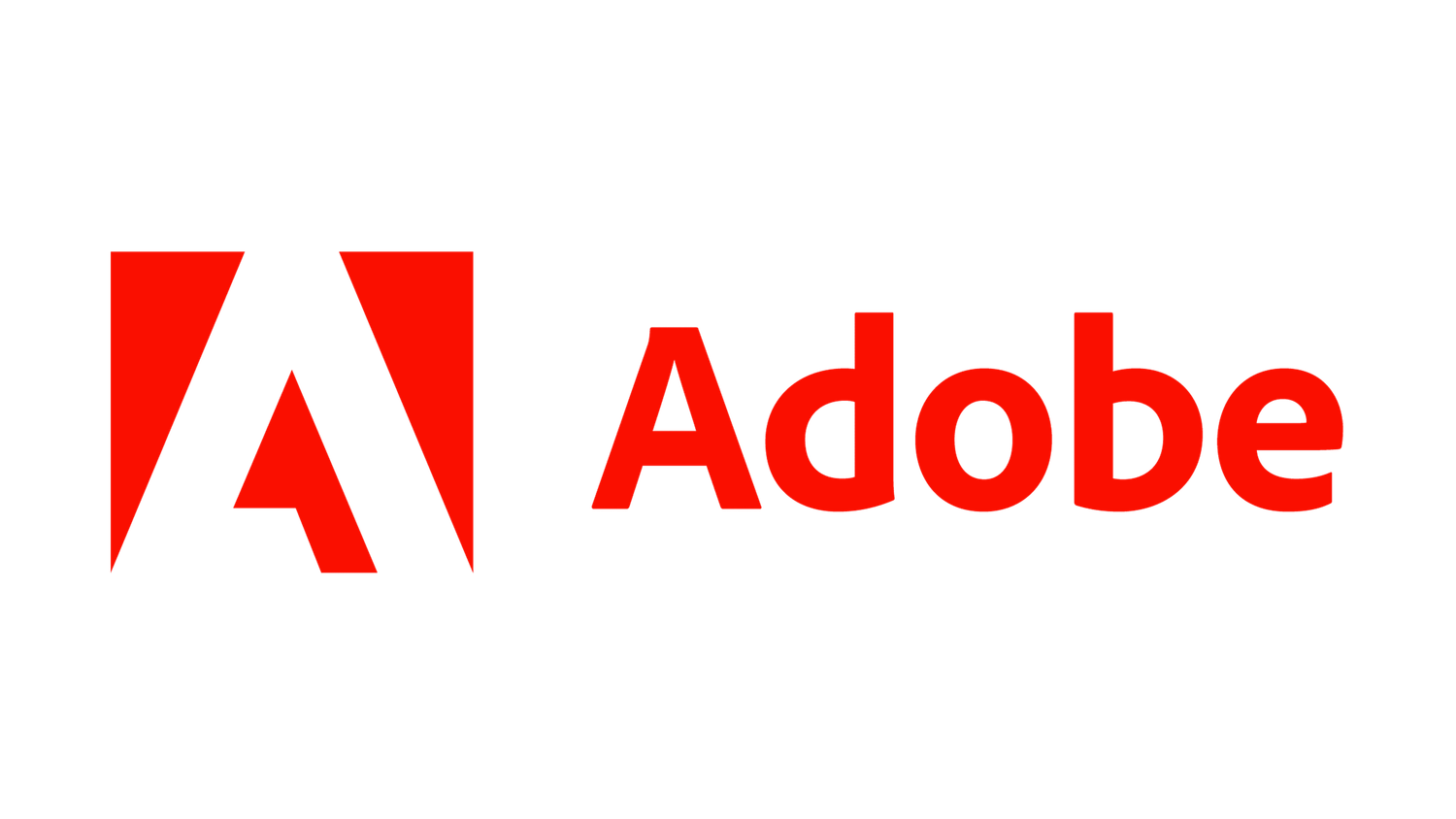 Adobe logo featuring a red triangular A symbol alongside bold red Adobe wordmark on white background.