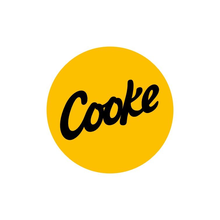 Cooke brand logo featuring bold black cursive text on a bright yellow circle against a white background.