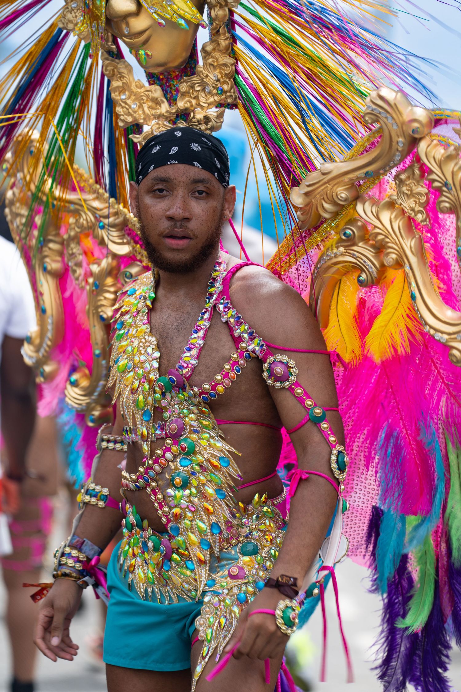 Performers in elaborate multicolored feathered costumes at a carnival parade.