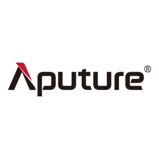 Aputure brand logo featuring bold black lettering with a red and black geometric arrow symbol on a white background.