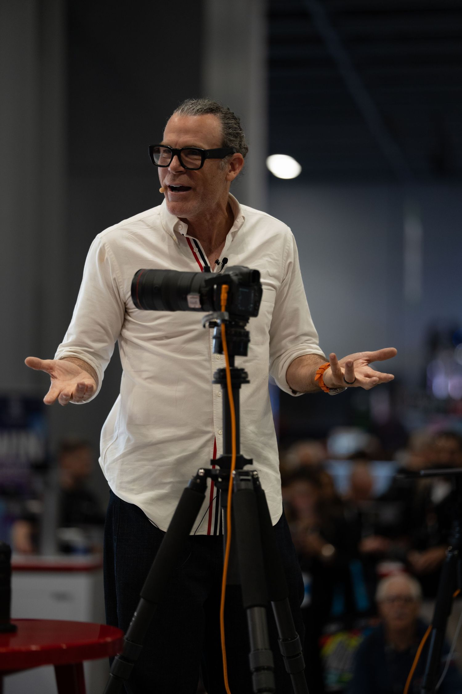 Animated speaker makes dynamic hand gestures during presentation.