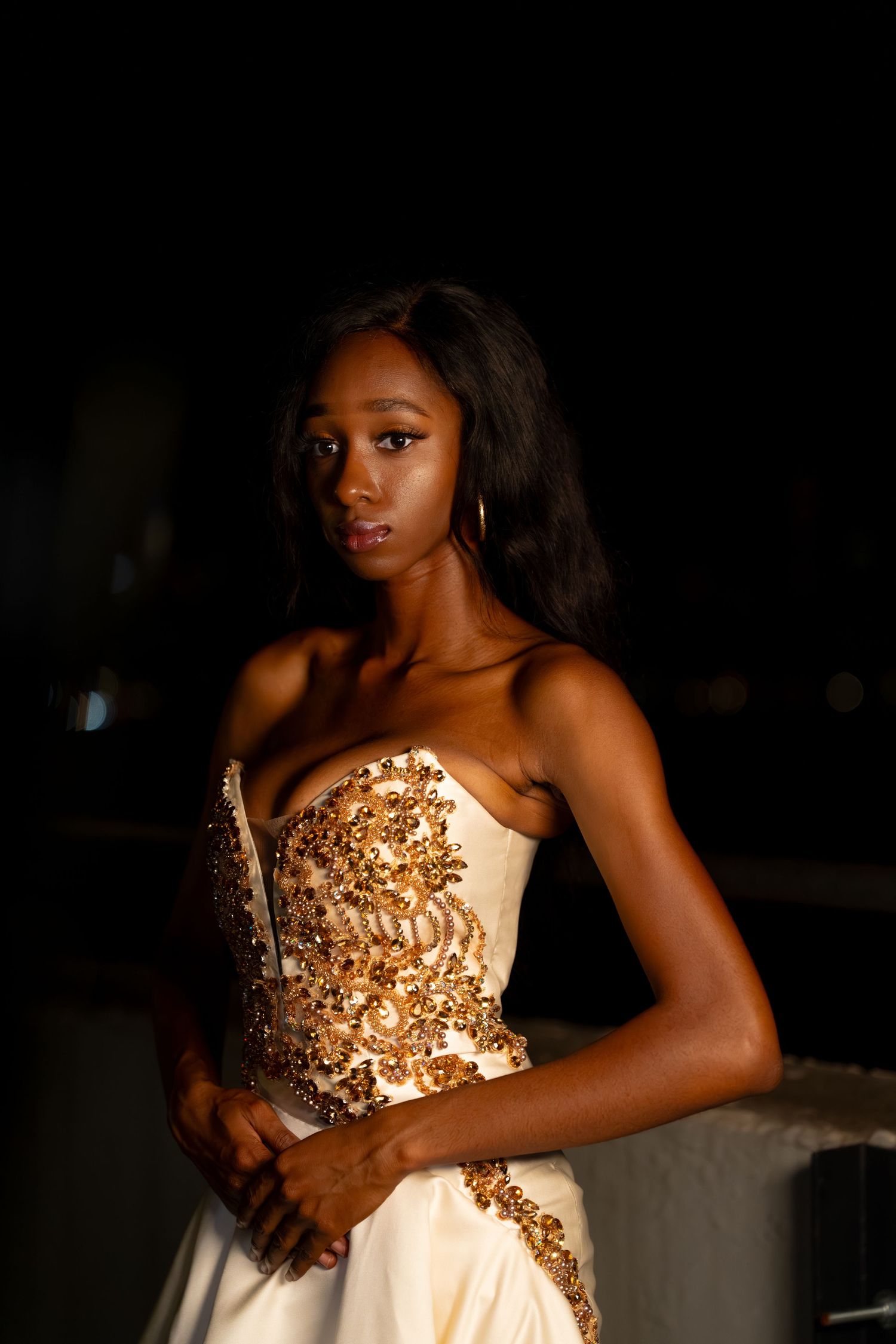 Glamorous evening dress with intricate gold beading detail.