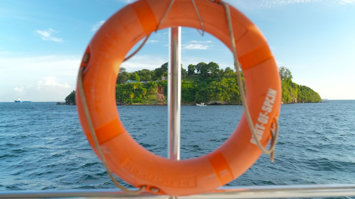 Orange life preserver ring mounted on railing of boat with blue water and shoreline visible in background.