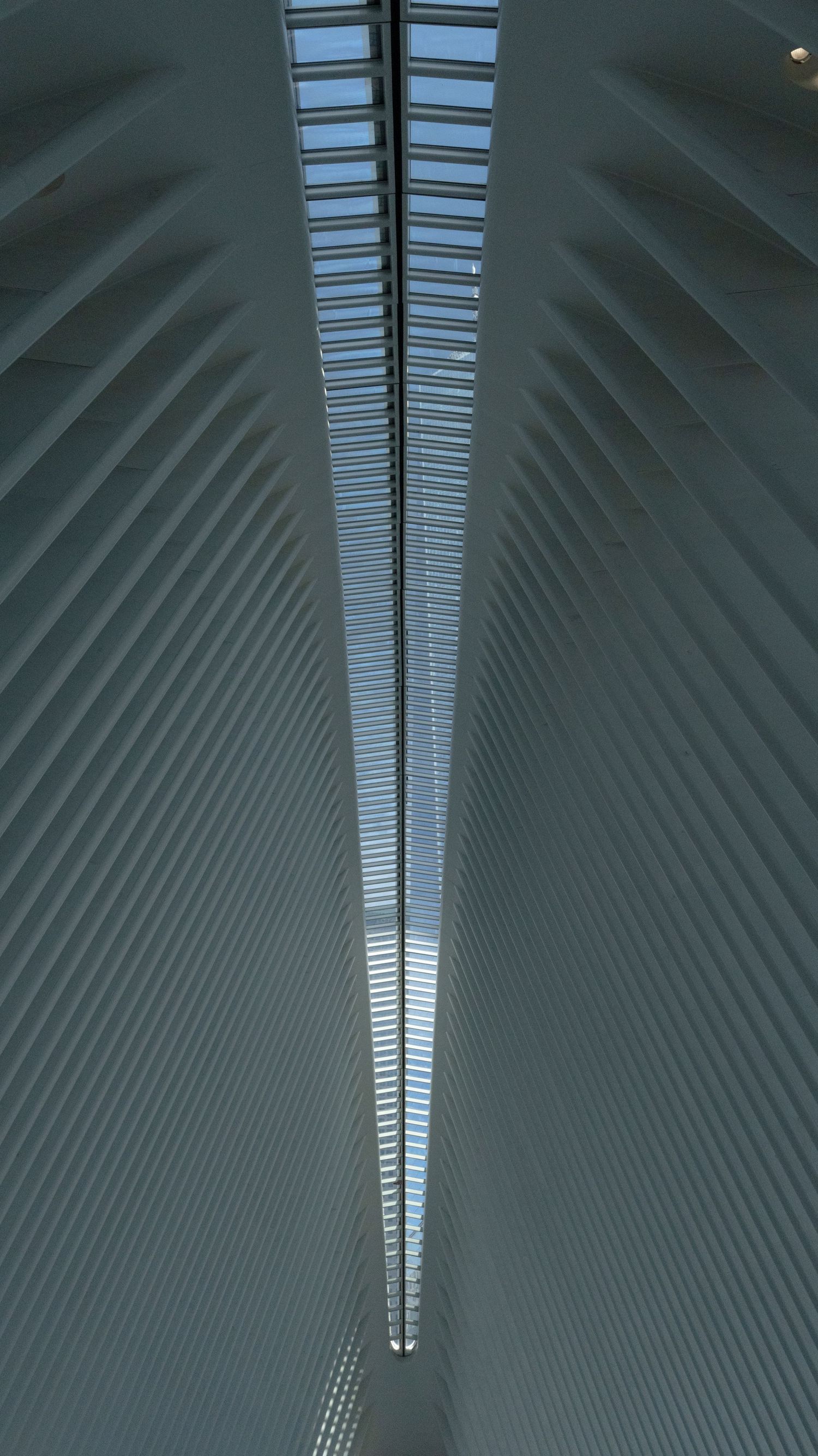 Symmetrical white architectural corridor with ribbed ceiling and skylight running down the center.